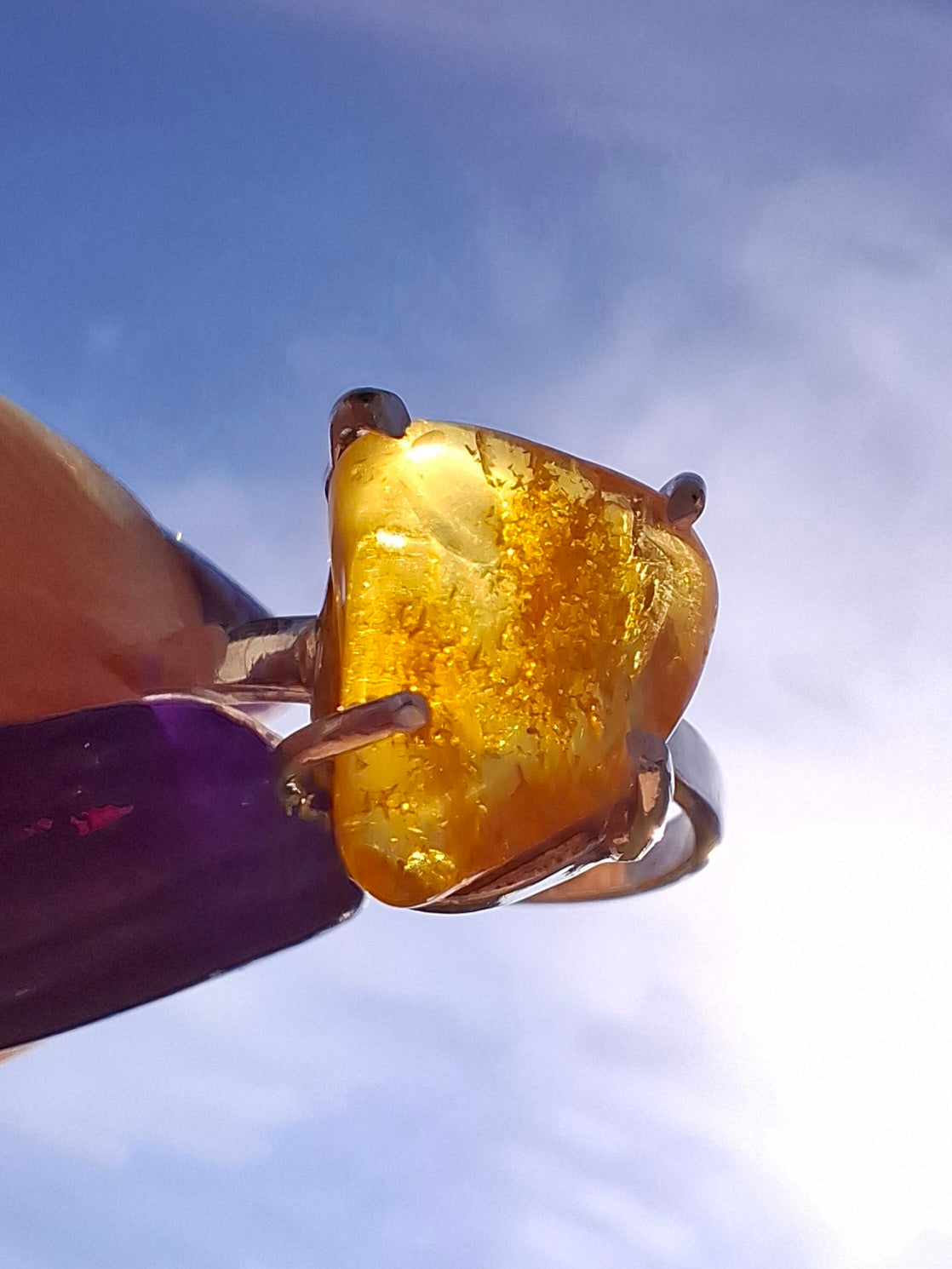 Baltic Amber Ring, size large M, 925 Silver, Fossil (Ref: AR6)