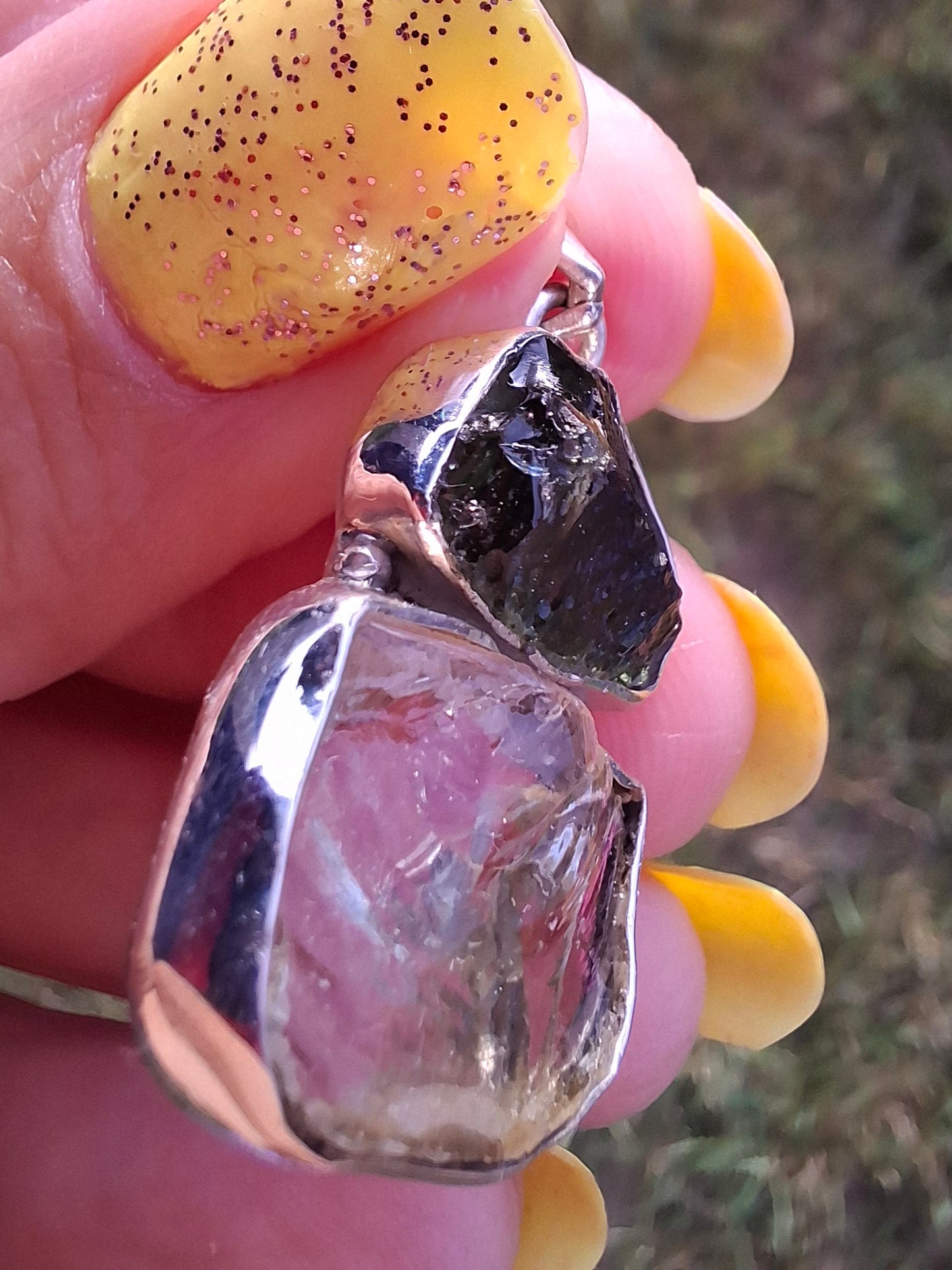 Moldavite & Libyan Desert Glass Pendant, 925 Silver, Tektite (Ref: MLP14)