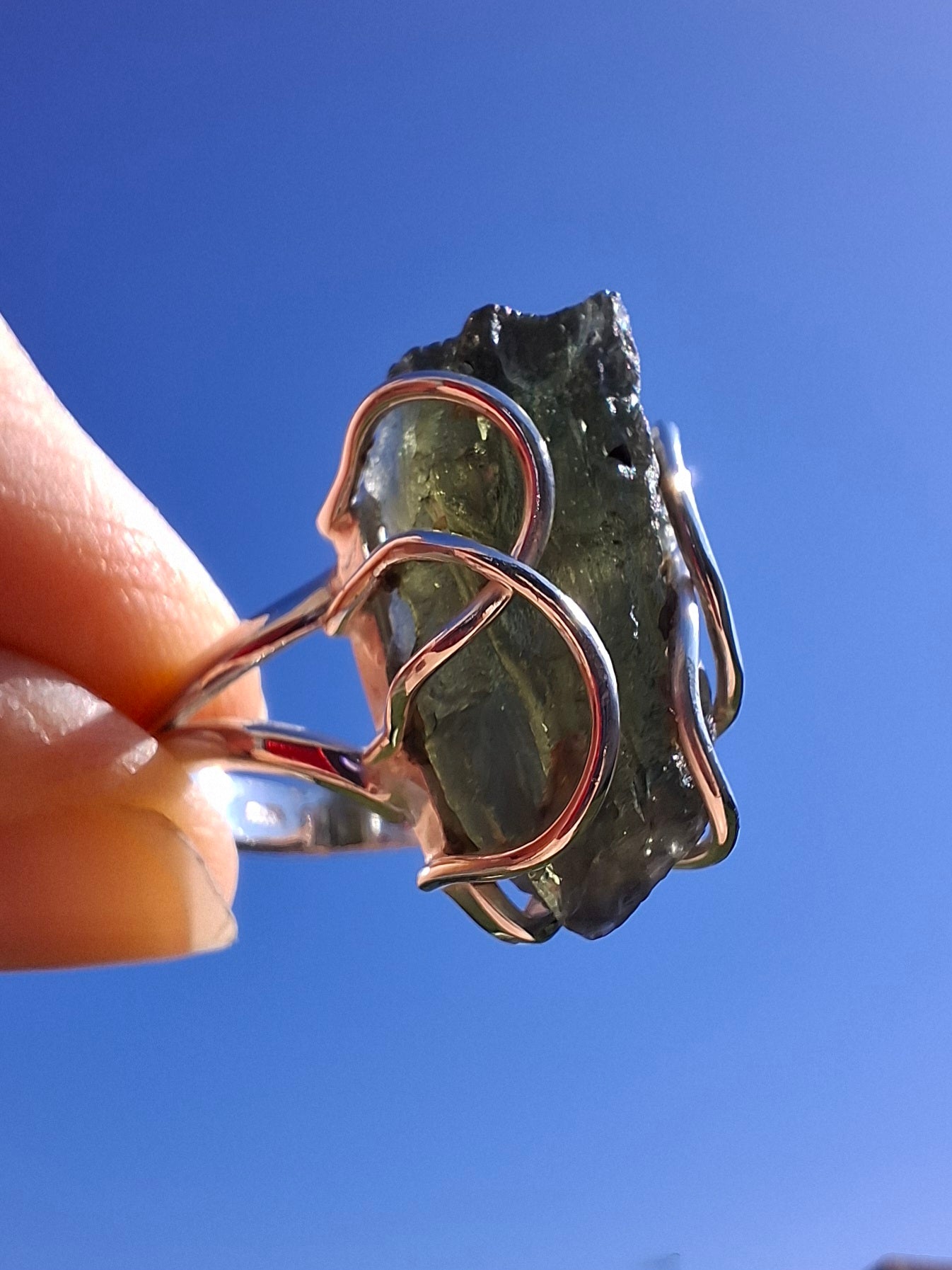 Moldavite Ring, size O, 925 Silver, Tektite (Ref: R8)