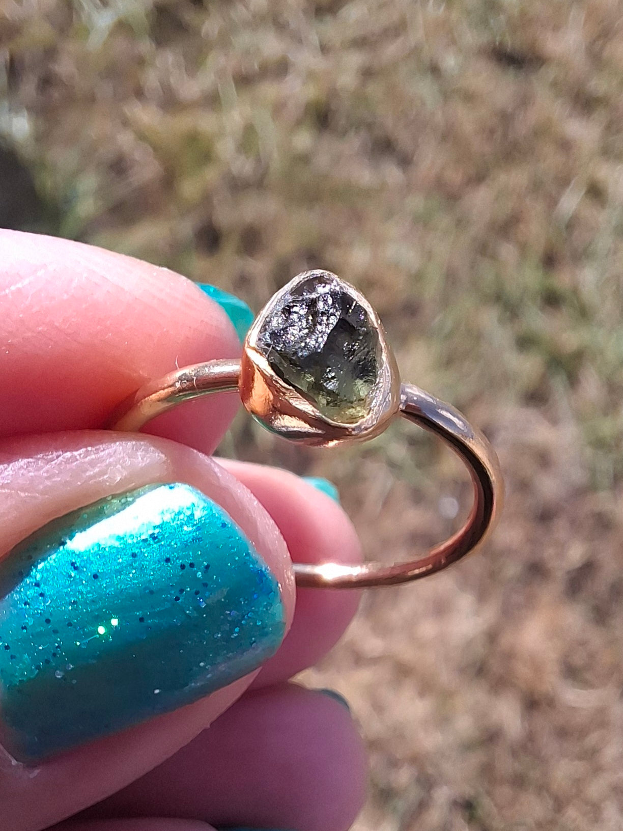 Moldavite Ring, 14K GOLD Plated, size large L, Tektite (Ref: R343)