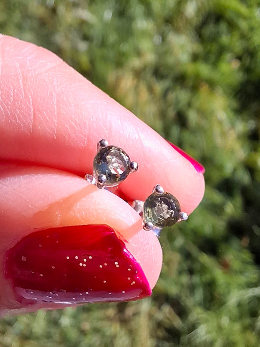 Moldavite (Faceted) 3mm Stud Earrings, 925 Silver (Ref: Pair65)