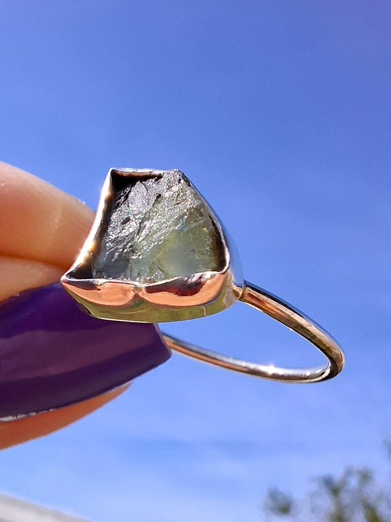 Moldavite Ring, size large T, 925 Silver, Tektite (Ref: R28)