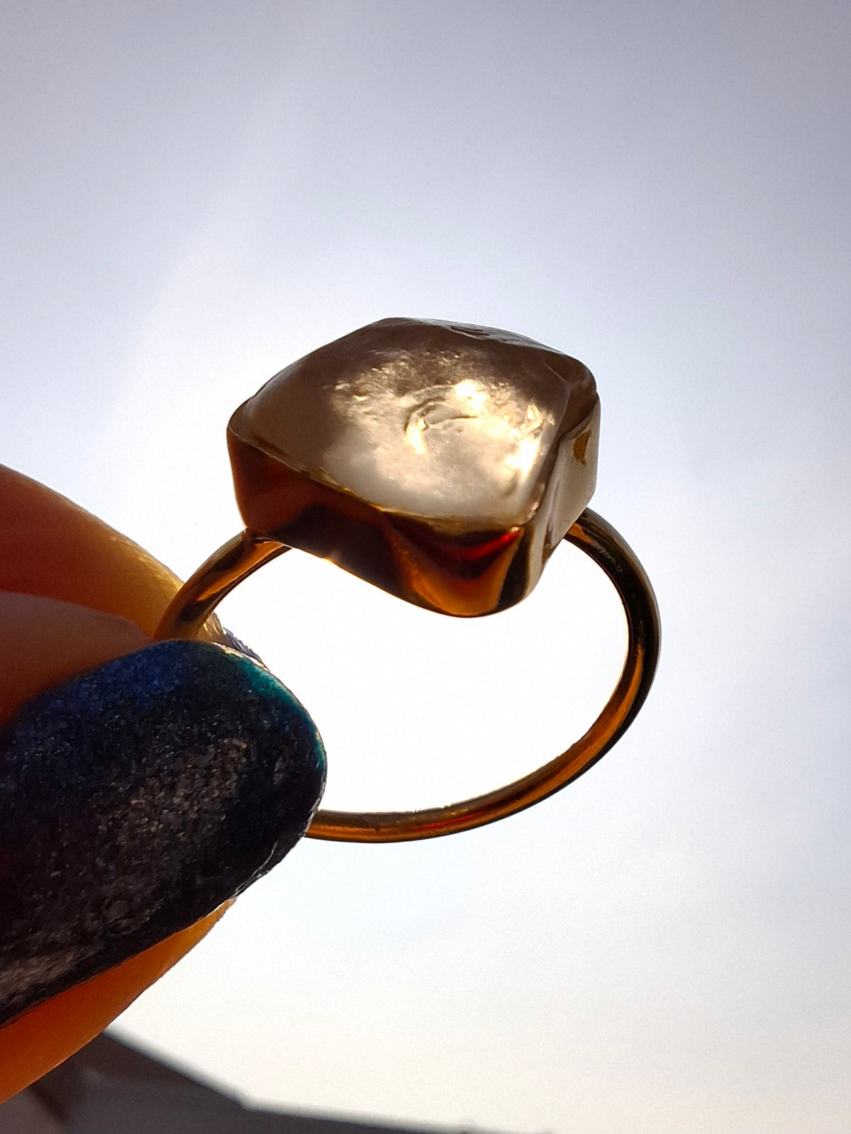Libyan Desert Glass Ring, 14K GOLD Plated, size large P, Tektite (Ref: LR67)
