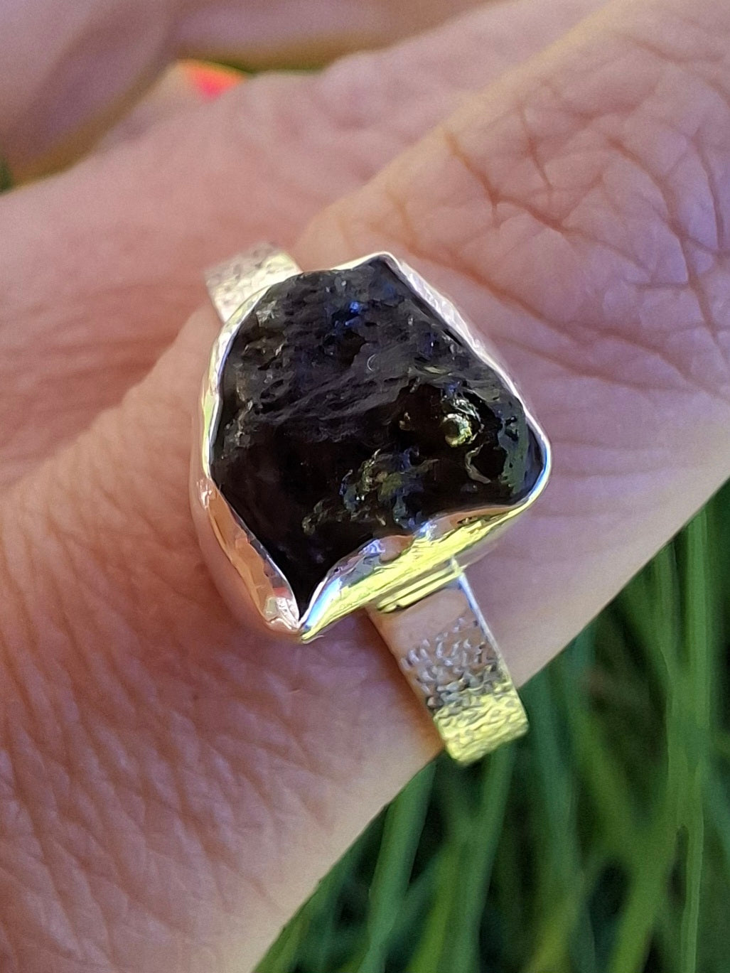 Moldavite Ring, size V, 925 Silver, Tektite (Ref: R326)