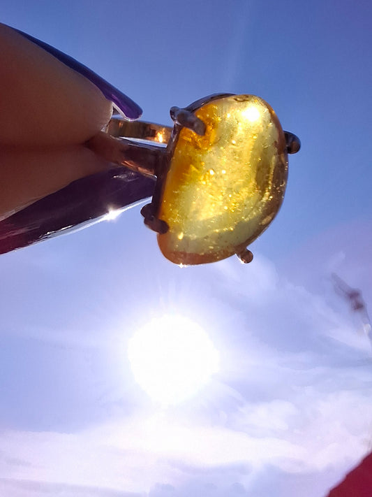 Baltic Amber Ring, size large K, 925 Silver, Fossil (Ref: AR31)