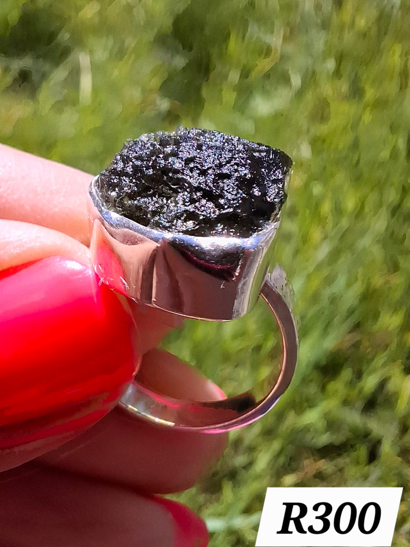 Moldavite Ring, size K, 925 Silver, Tektite (Ref: R300)