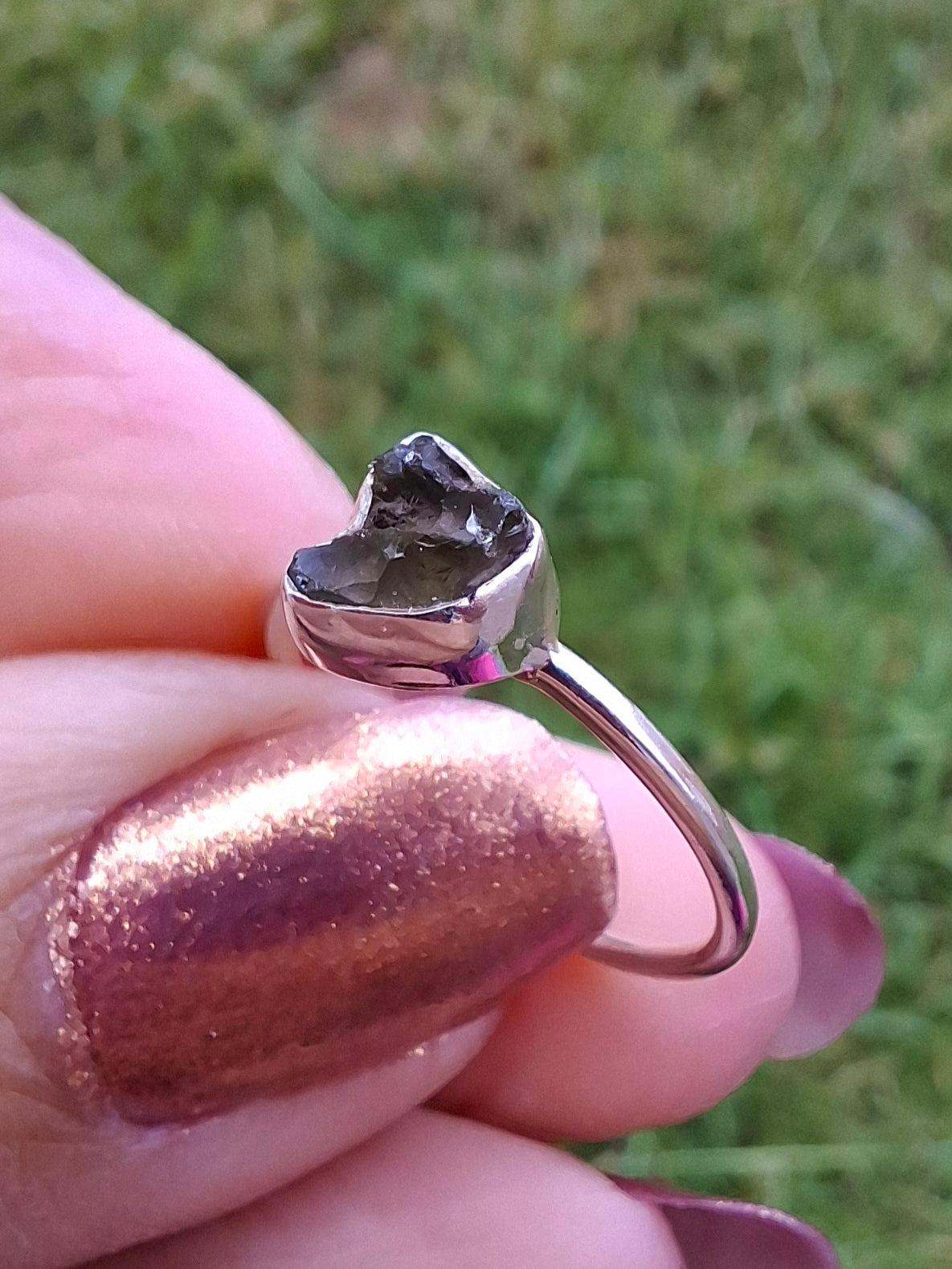 Moldavite Ring, Size small L, 925 Silver, Tektite (Ref: R34)
