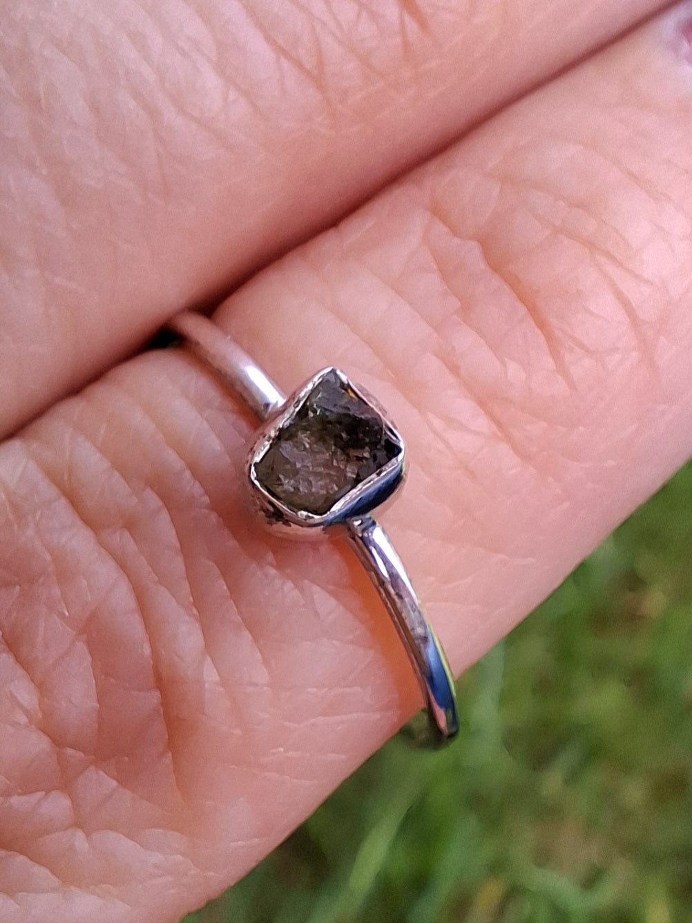 Moldavite Ring, size large O/small P, 925 Silver, Tektite (Ref: R41)