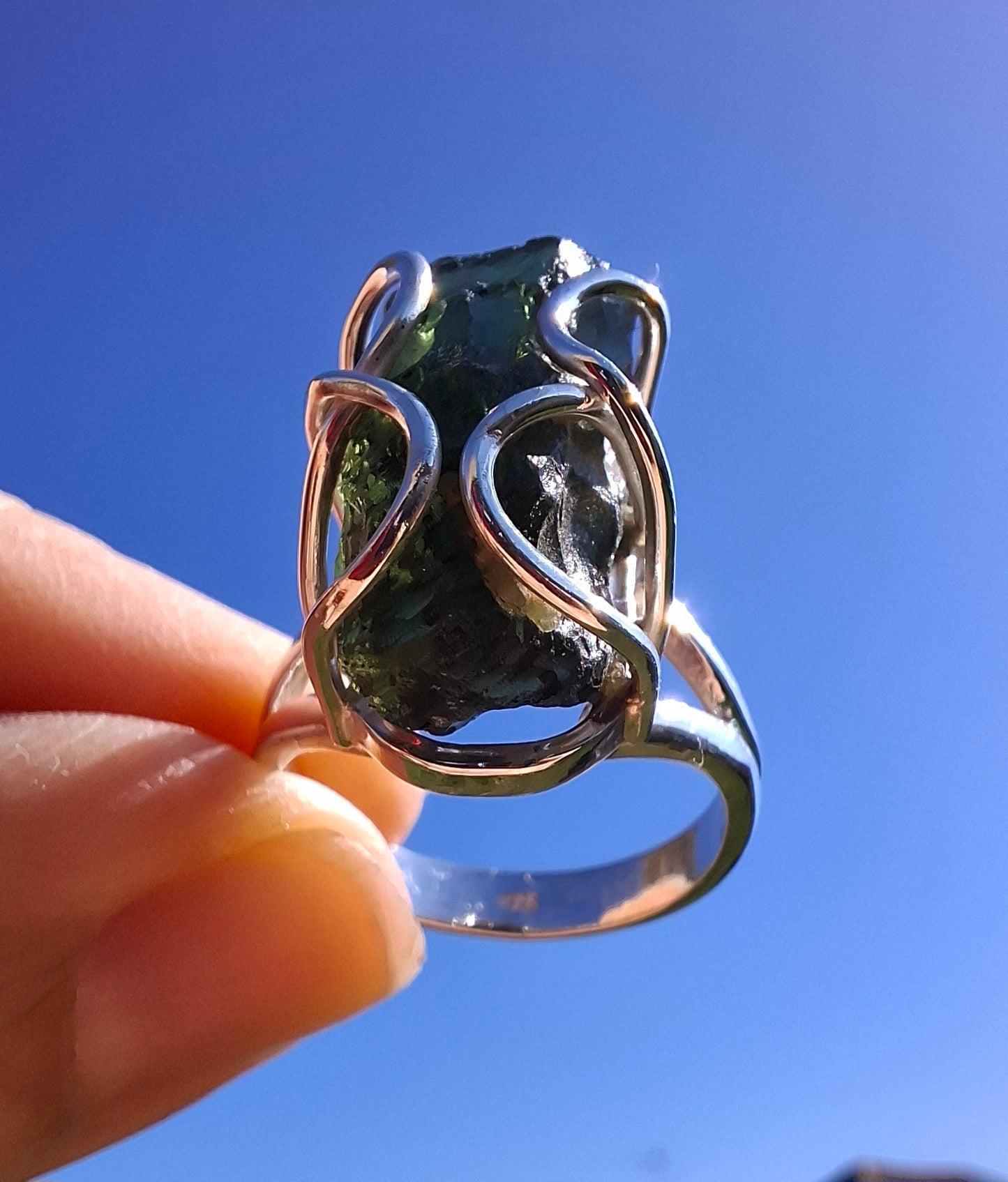 Moldavite Ring, size O, 925 Silver, Tektite (Ref: R9)