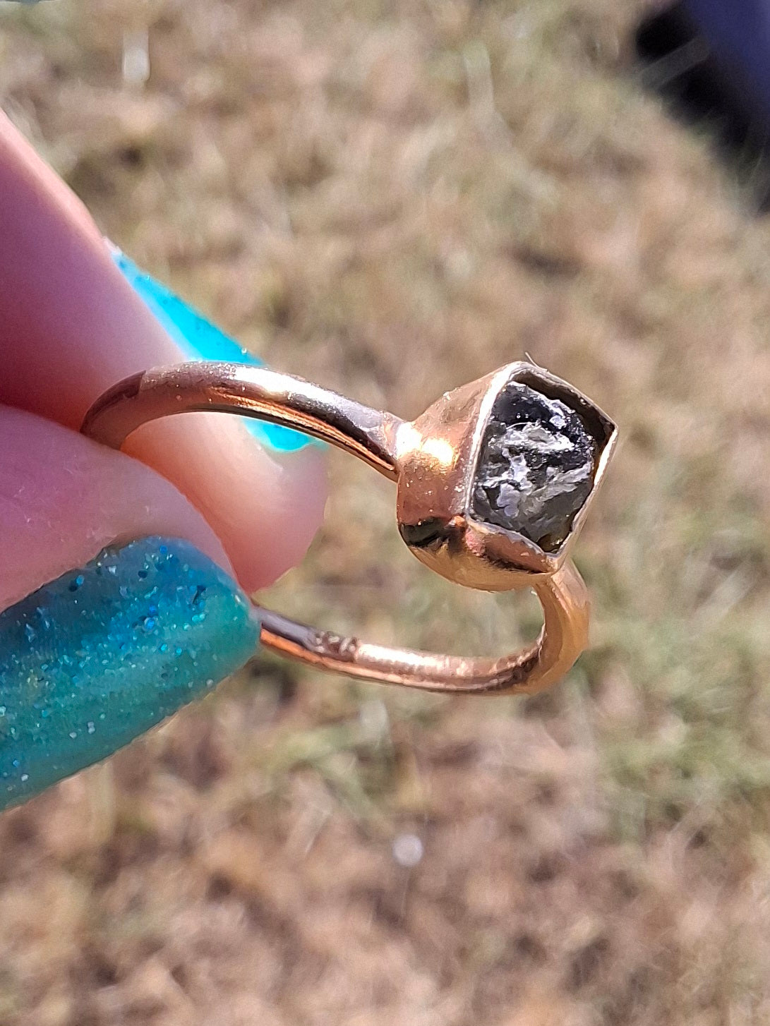 Moldavite Ring, 14K GOLD Plated, size small i, Tektite (Ref: R333)