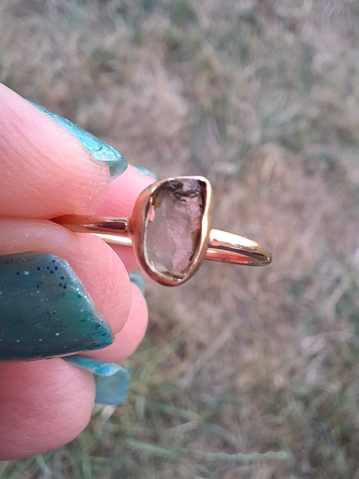 Moldavite Ring, 14K GOLD Plated, size small L, Tektite (Ref: R342)