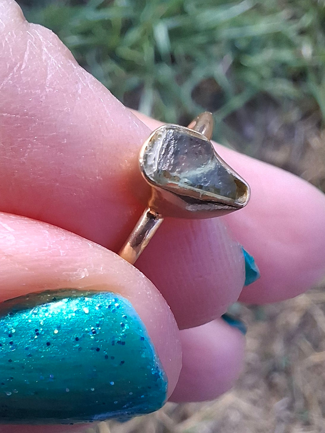 Moldavite Ring, 14K GOLD Plated, size large J, Tektite (Ref: R338)