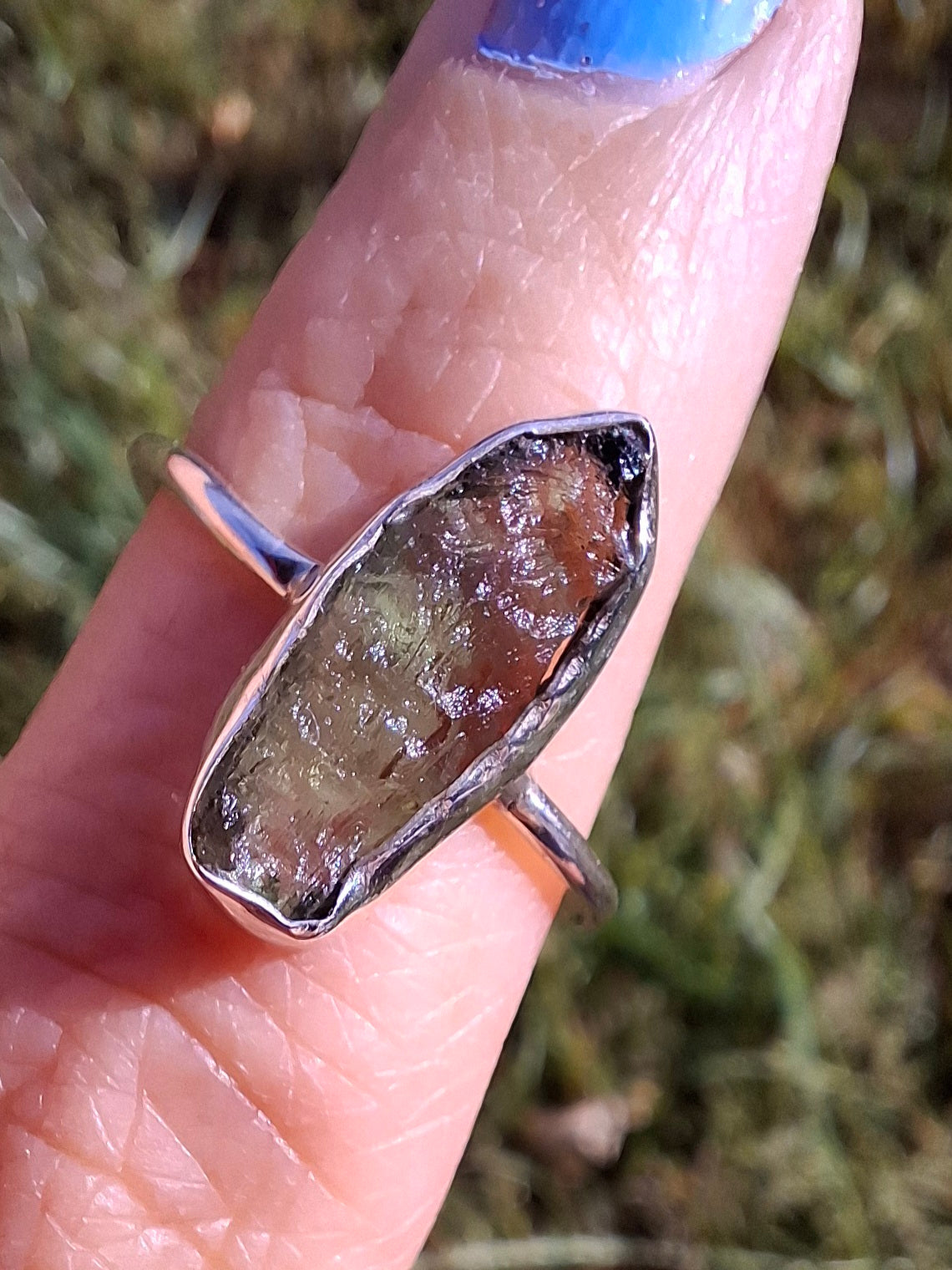 Moldavite Ring, size large R, 925 Silver, Tektite (Ref: R27)