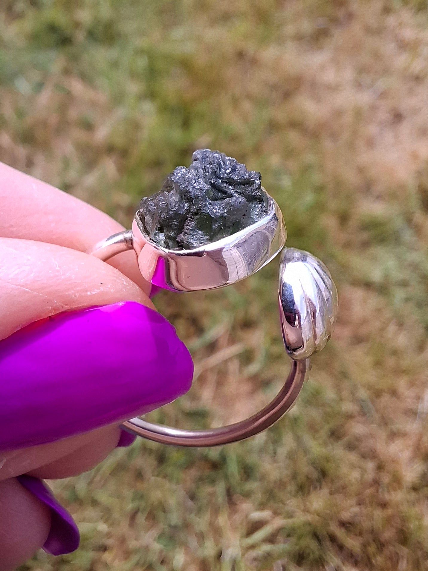 Moldavite ADJUSTABLE Ring, size large R, 925 Silver, Tektite (Ref: AR49)