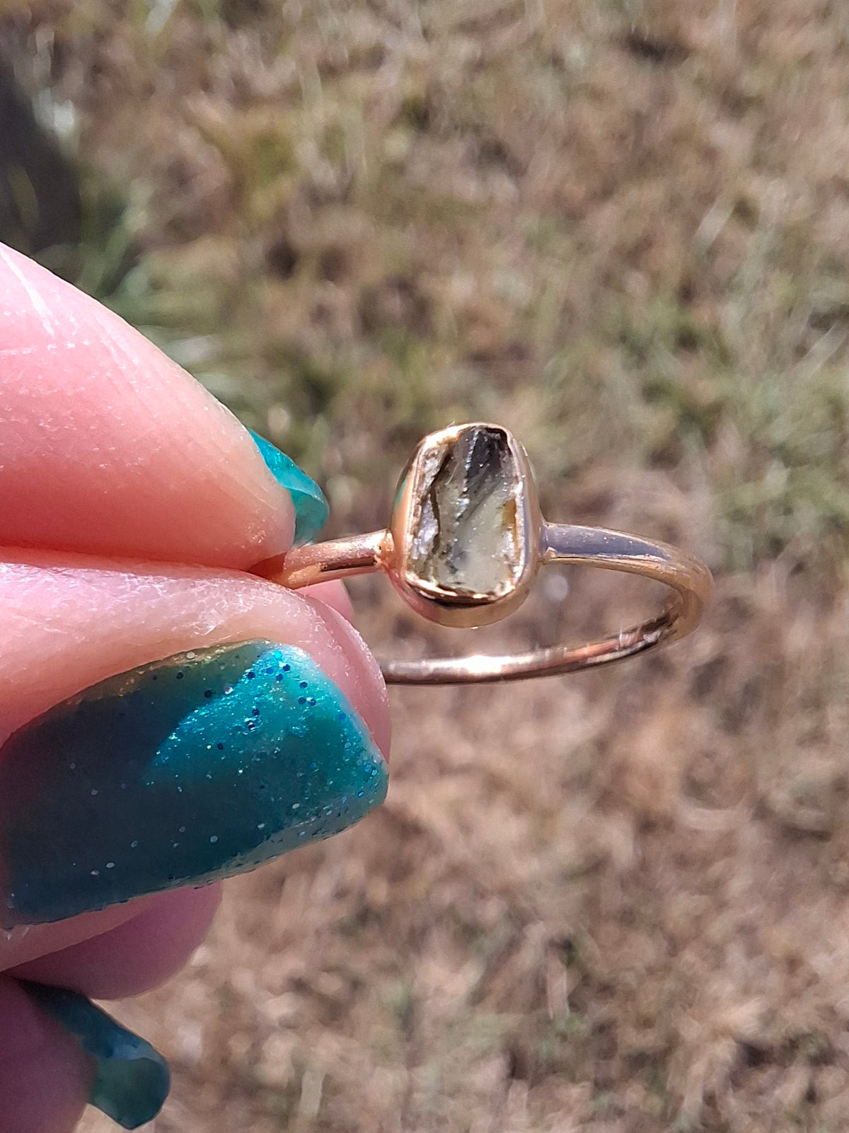Moldavite Ring, 14K GOLD Plated, size large M, Tektite (Ref: R337)