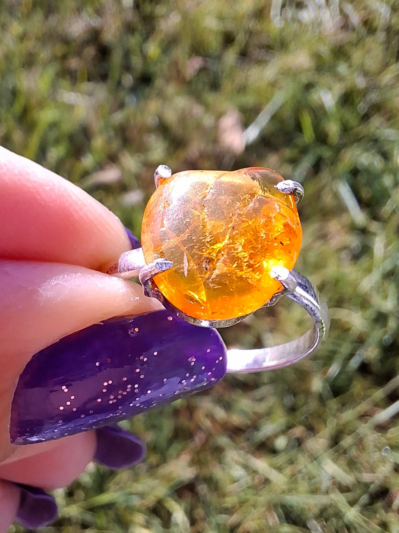Baltic Amber Ring, size large Q, 925 Silver, Fossil (Ref: AR14)