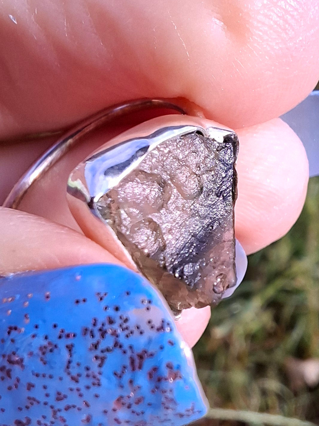 Moldavite Ring, size large J, 925 Silver, Tektite (Ref: R20)