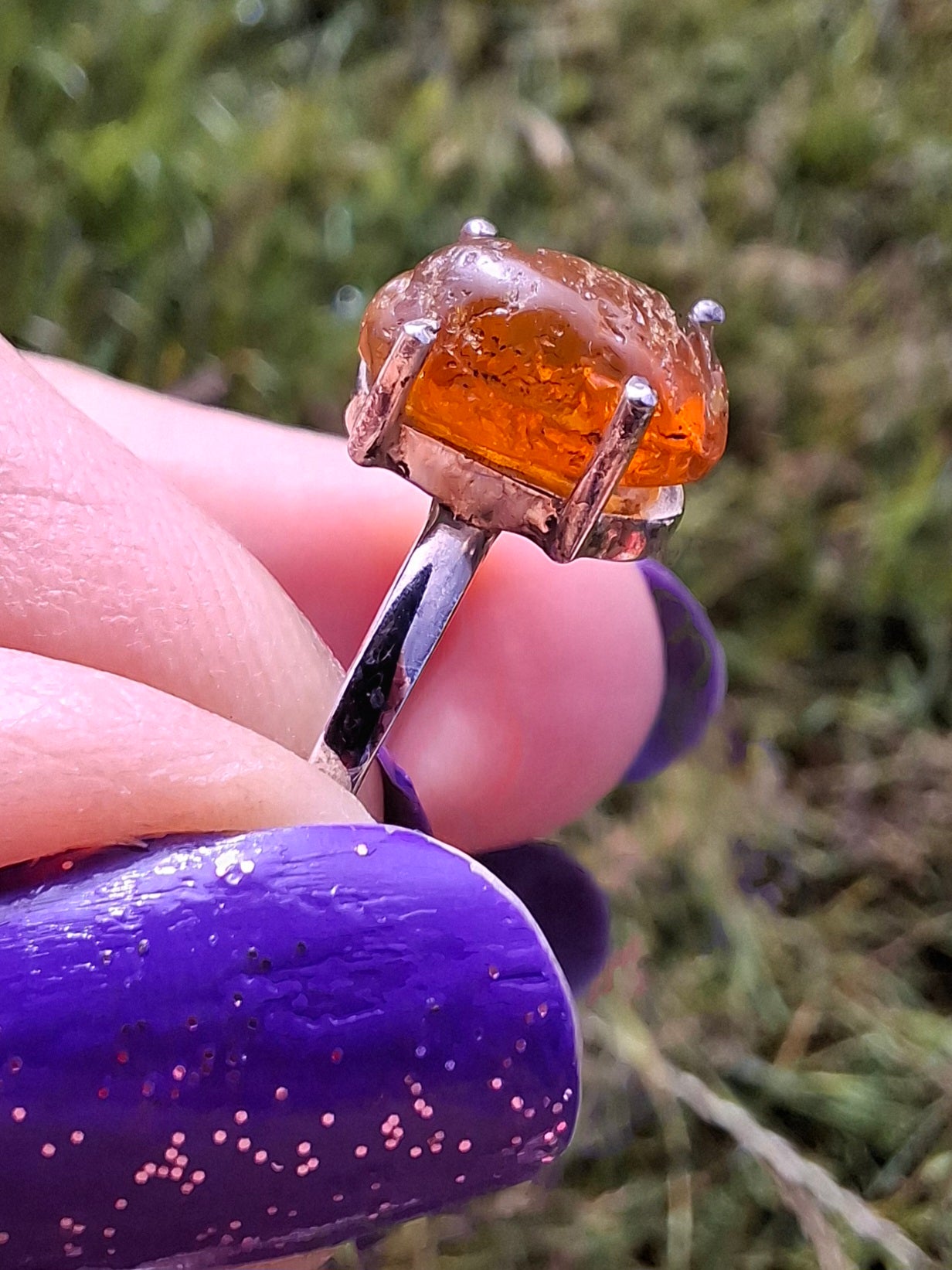 Baltic Amber Ring, size large W, 925 Silver, Fossil (Ref: AR28)