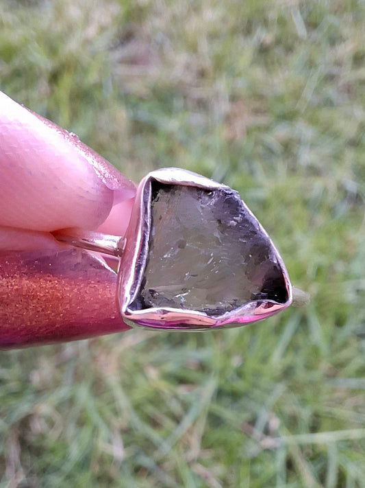 Moldavite Ring, size large T, 925 Silver, Tektite (Ref: R28)