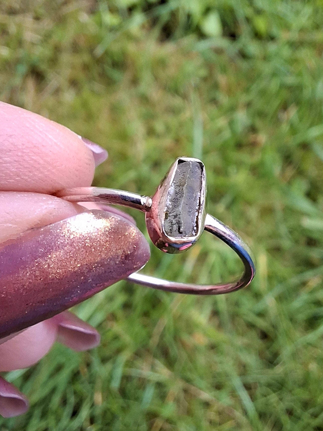 Moldavite Ring, size large T/small U, 925 Silver, Tektite (Ref: R71)
