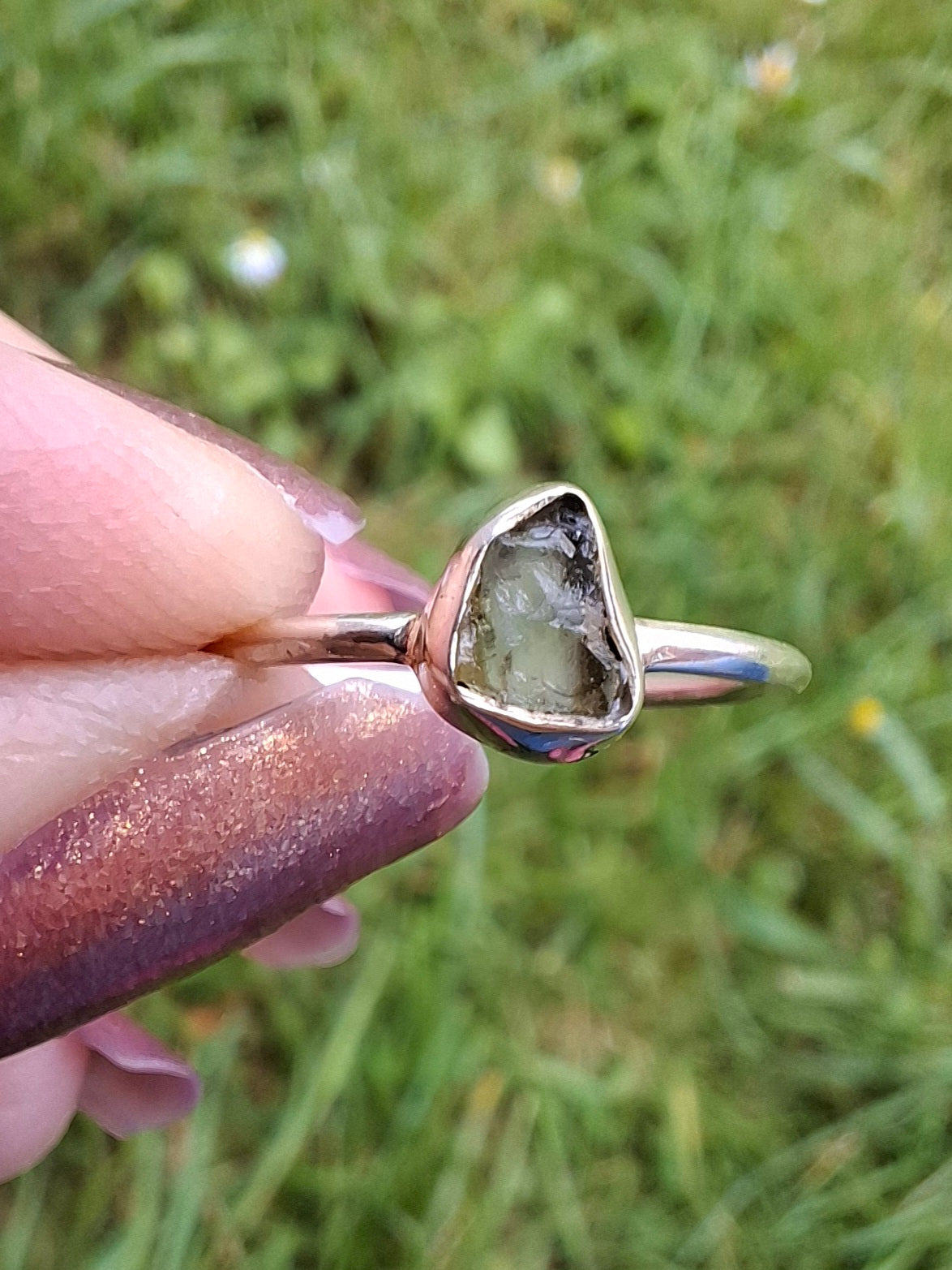 Moldavite Ring, size large L/small M, 925 Silver, Tektite (Ref: R50)