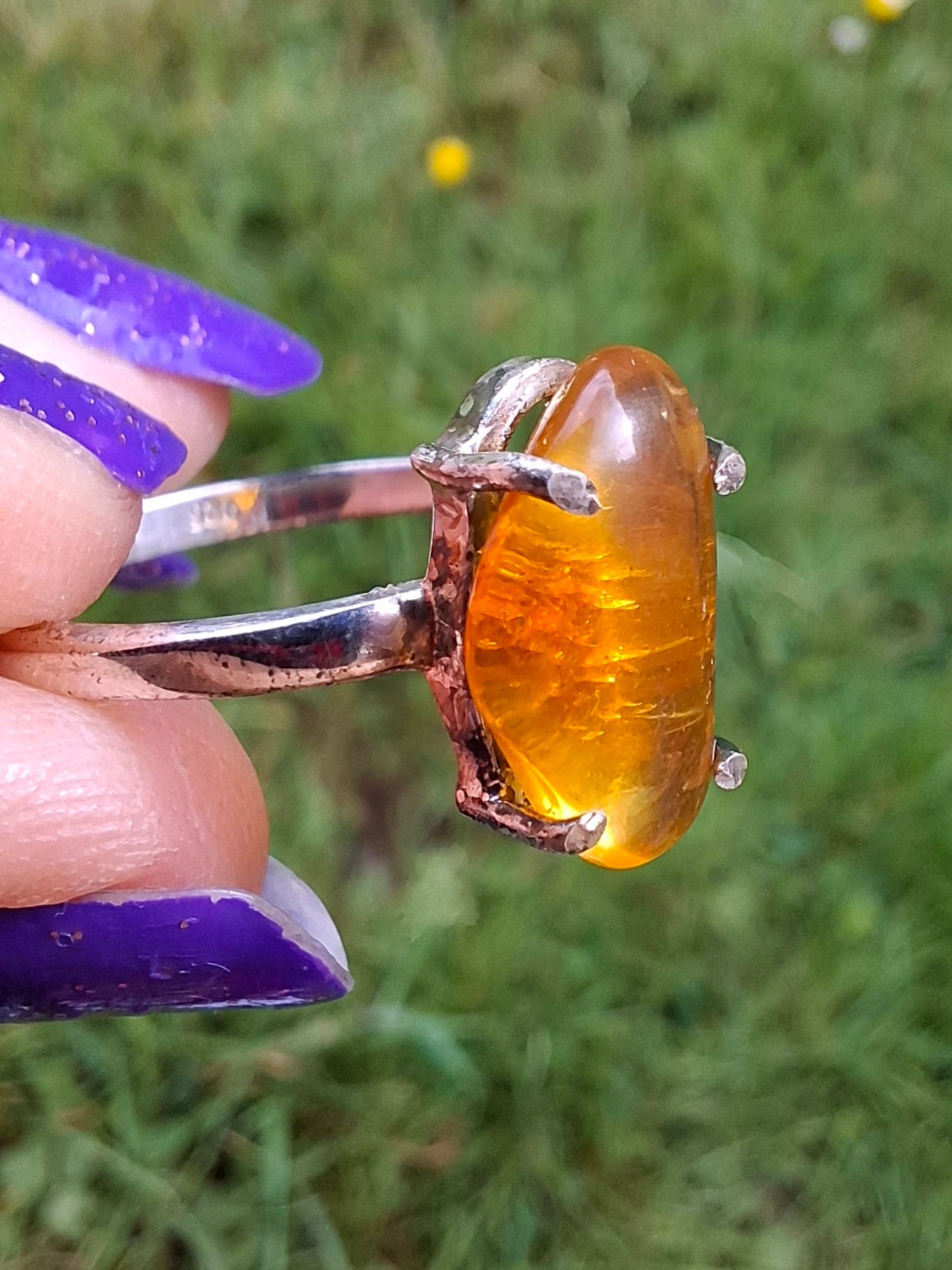 Baltic Amber Ring, size large T, 925 Silver, Fossil (Ref: AR18)