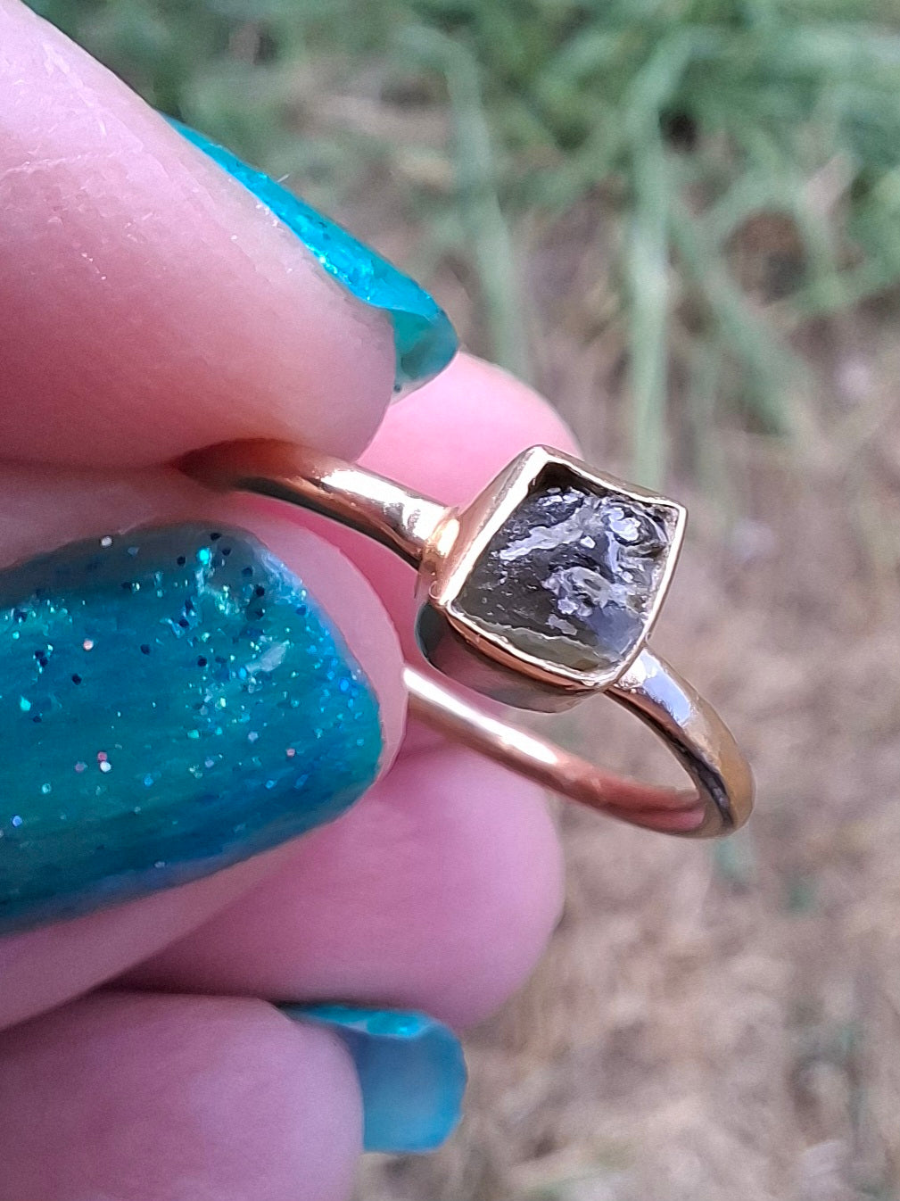 Moldavite Ring, 14K GOLD Plated, size small i, Tektite (Ref: R333)