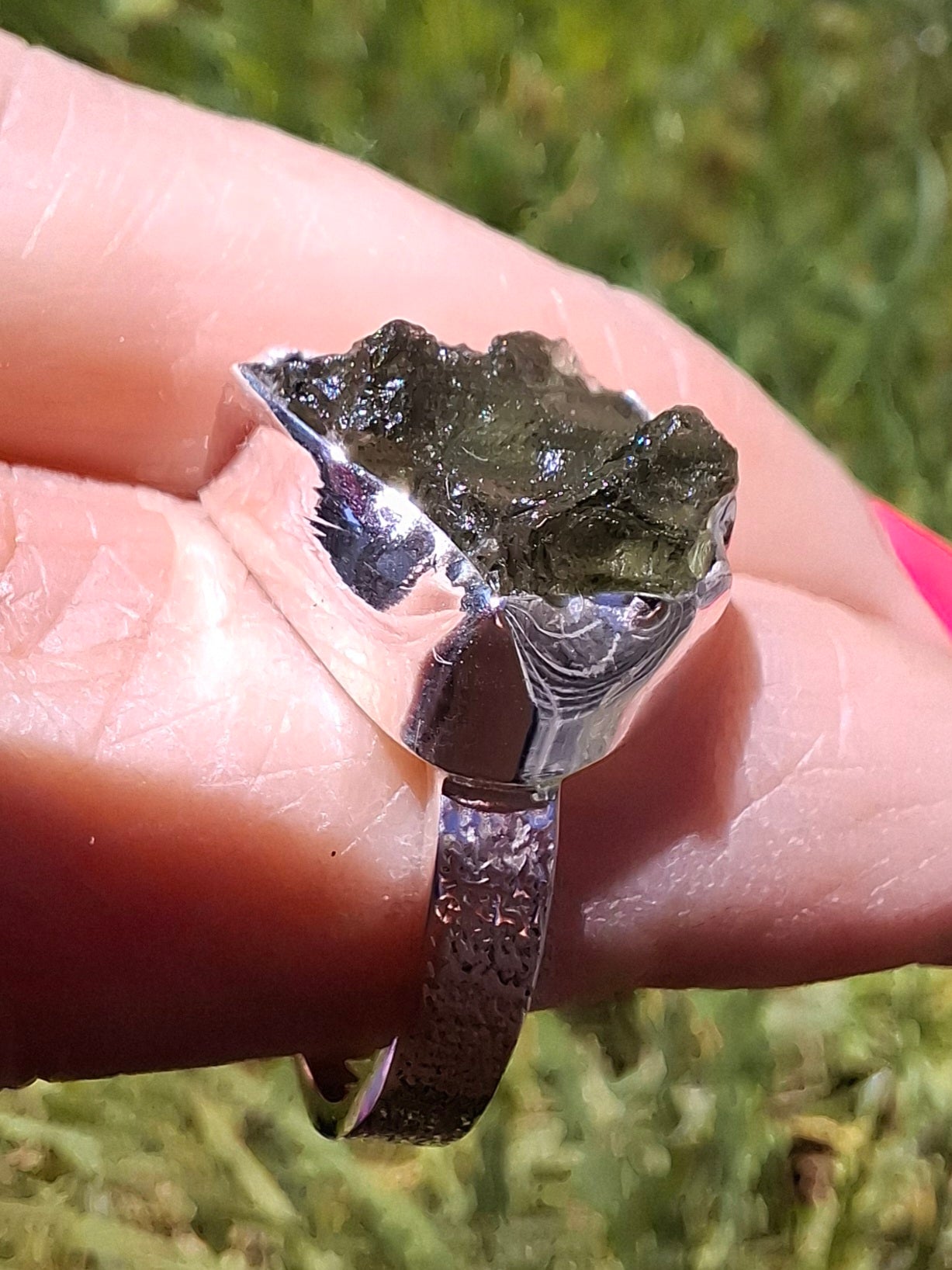 Moldavite Ring, size M, 925 Silver, Tektite (Ref: R307)