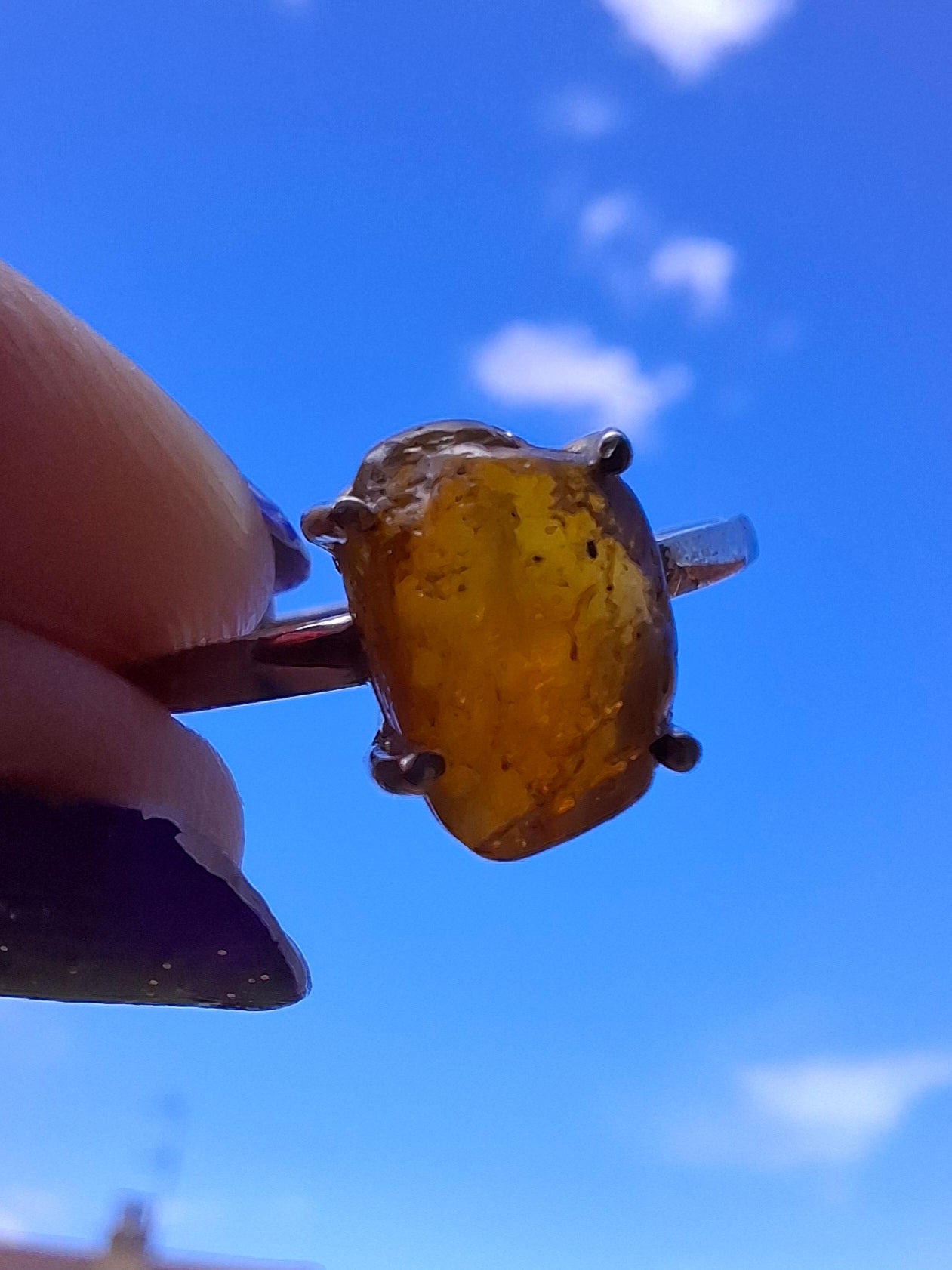 Baltic Amber Ring, size large W, 925 Silver, Fossil (Ref: AR28)