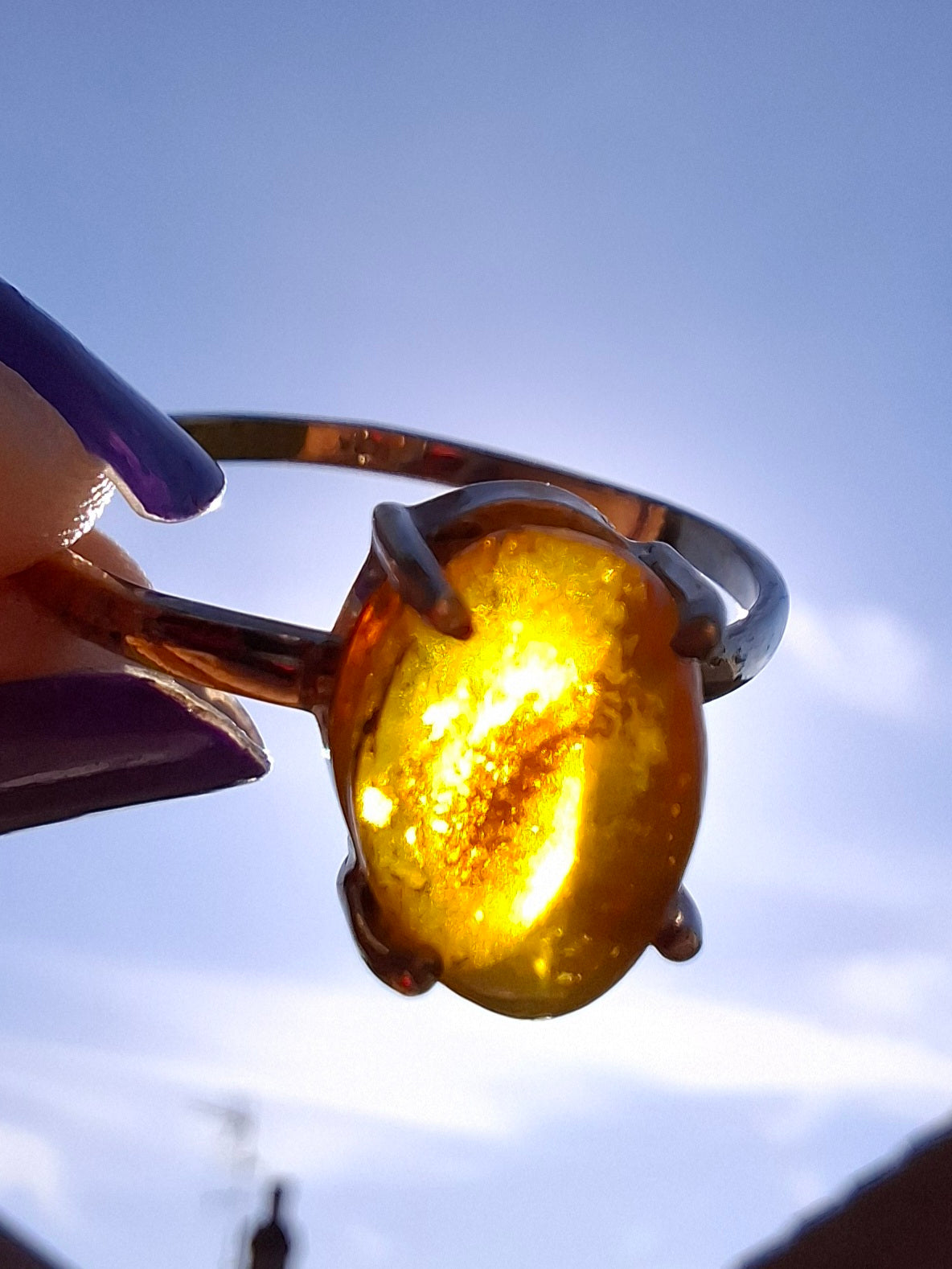 Baltic Amber Ring, size large Y, 925 Silver, Fossil (Ref: AR38)