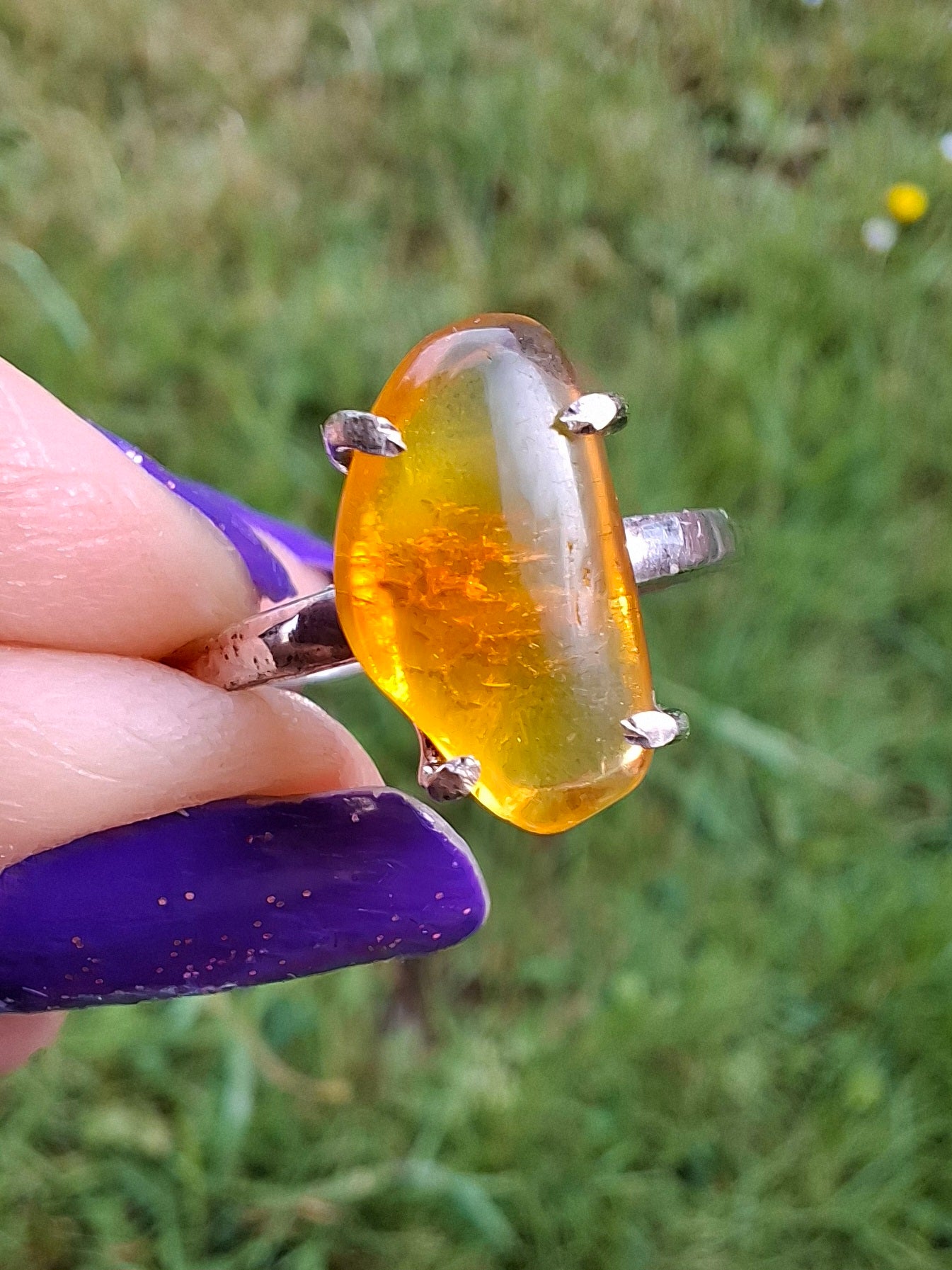 Baltic Amber Ring, size large T, 925 Silver, Fossil (Ref: AR18)