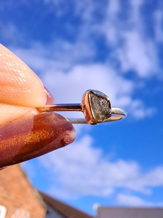 Moldavite Ring, size large M, 925 Silver, Tektite (Ref: R38)