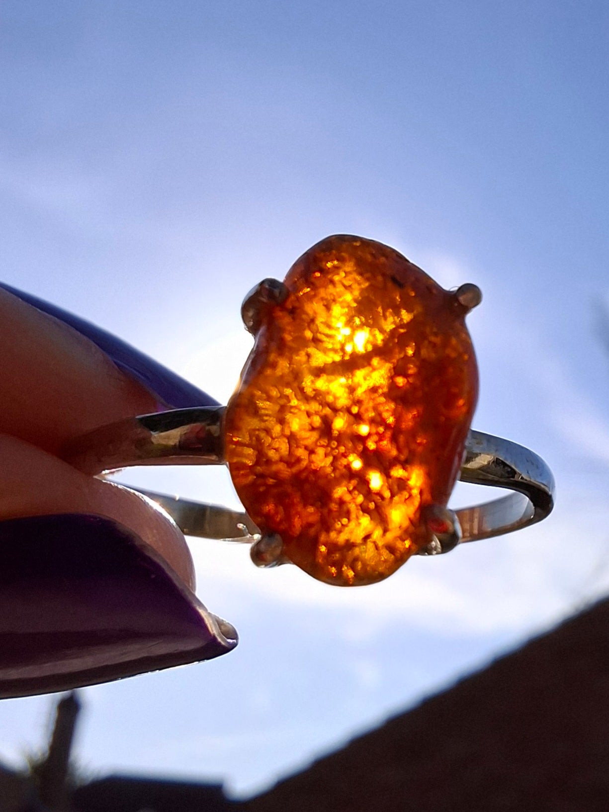Baltic Amber Ring, size large X, 925 Silver, Fossil (Ref: AR32)