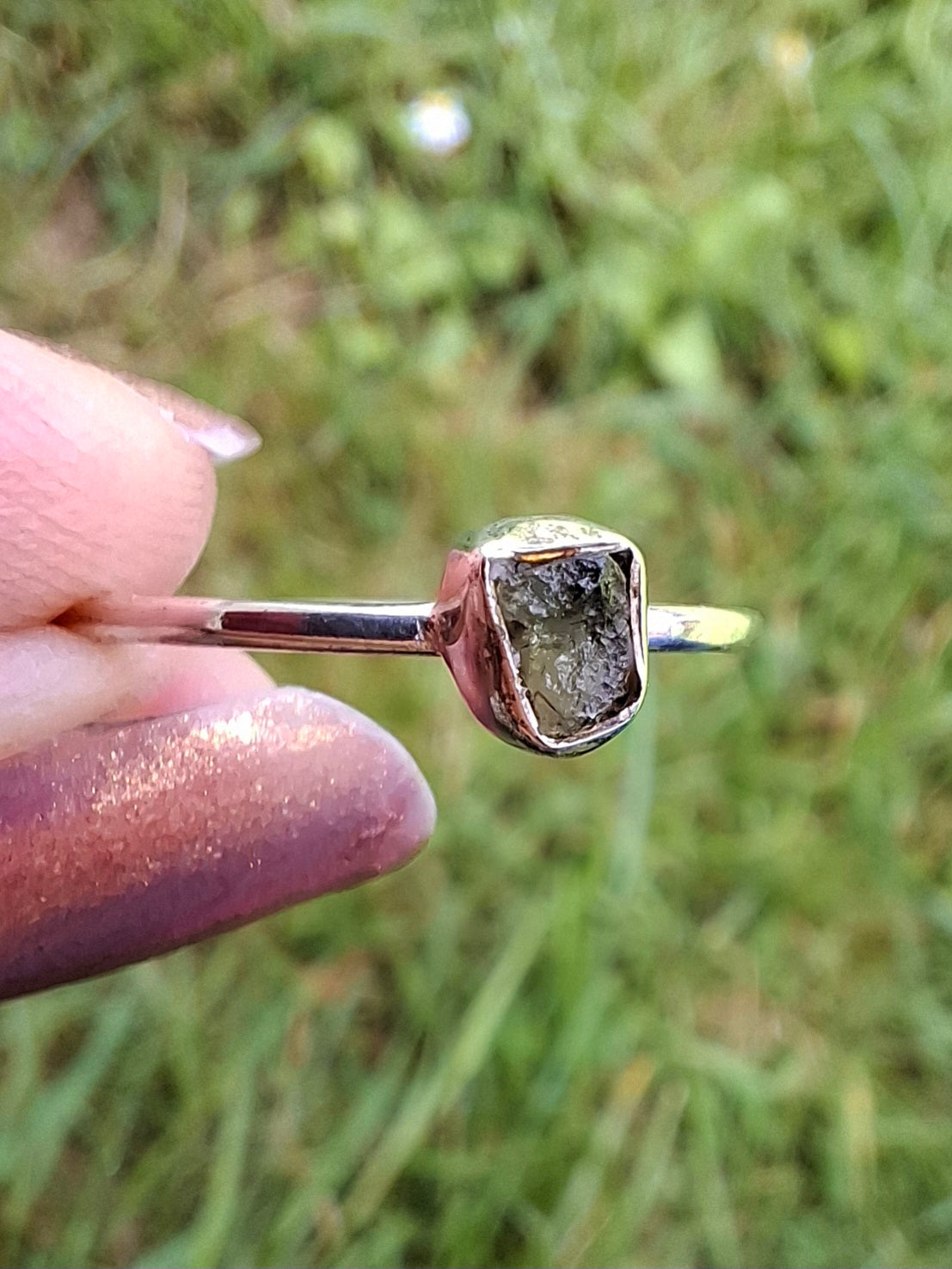 Moldavite Ring, size large O/small P, 925 Silver, Tektite (Ref: R41)