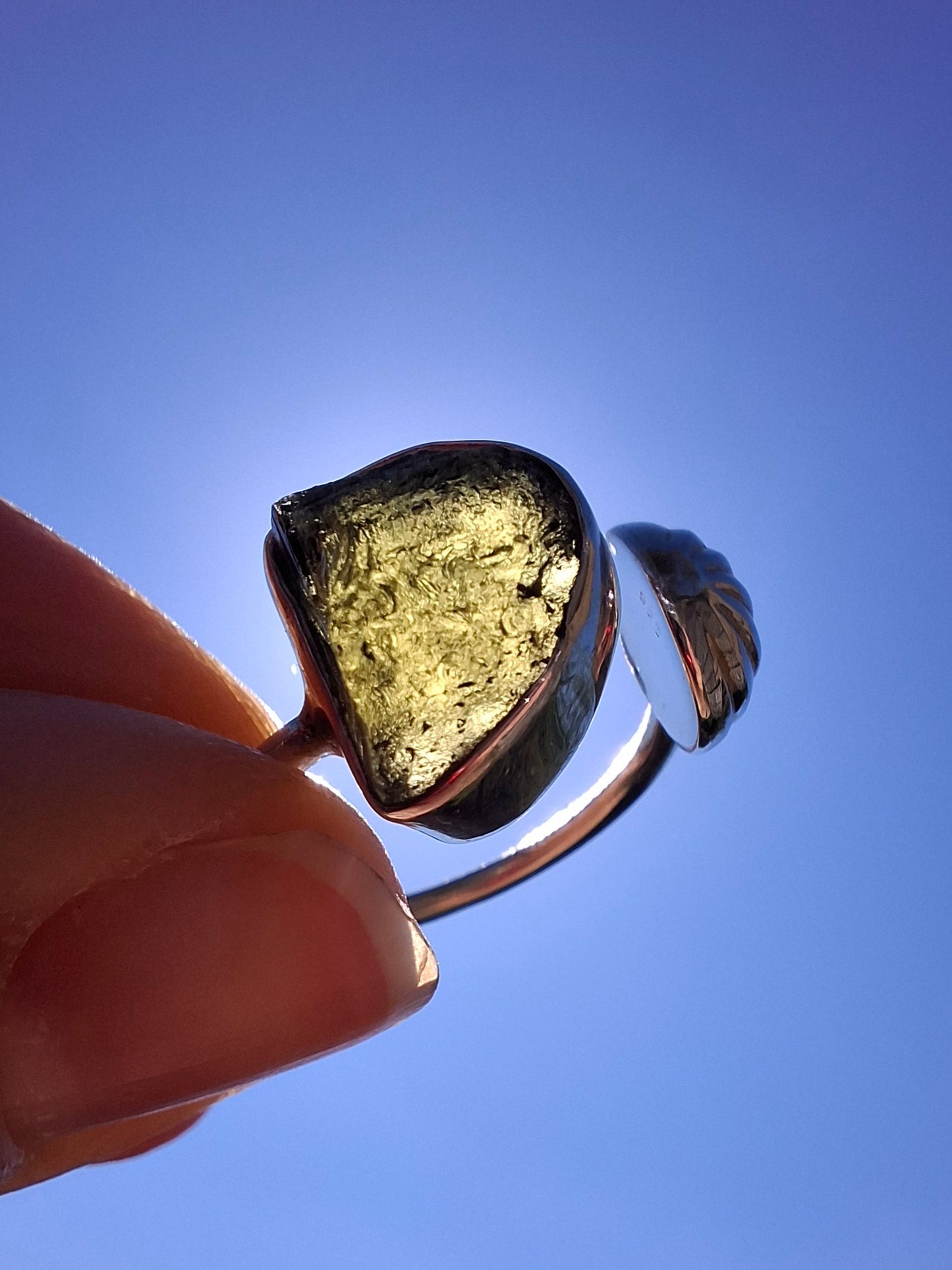Moldavite ADJUSTABLE Ring, size large N, 925 Silver, Tektite (Ref: AR 39)