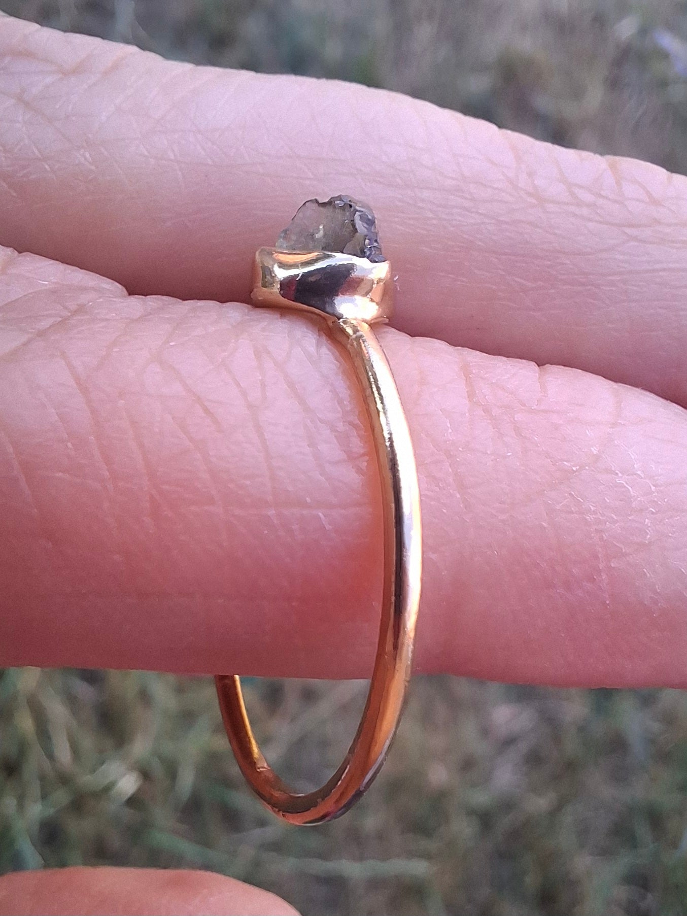 Moldavite Ring, 14K GOLD Plated, size large S / small T, Tektite (Ref: R352)