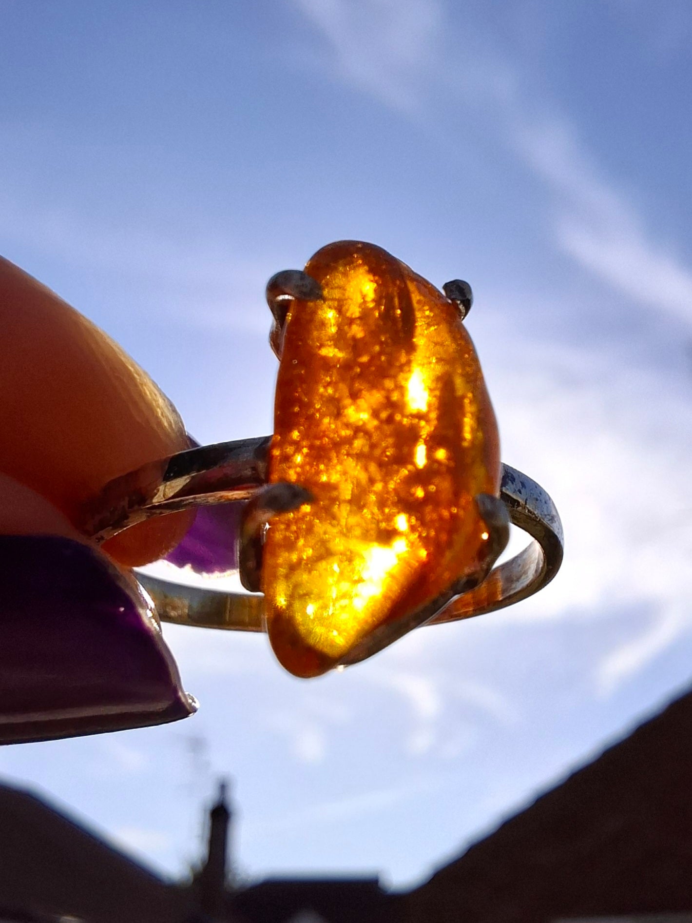 Baltic Amber Ring, size large T/small U, 925 Silver, Fossil (Ref: AR19)
