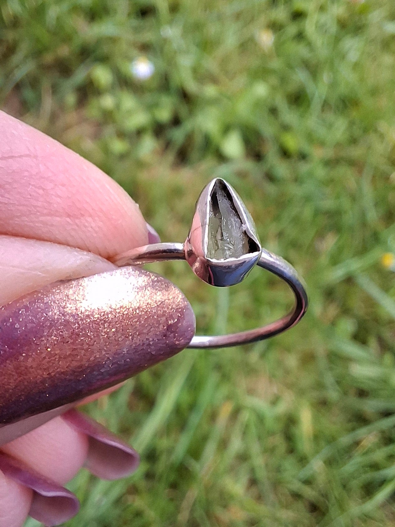 Moldavite Ring, size small L, 925 Silver, Tektite (Ref: R62)