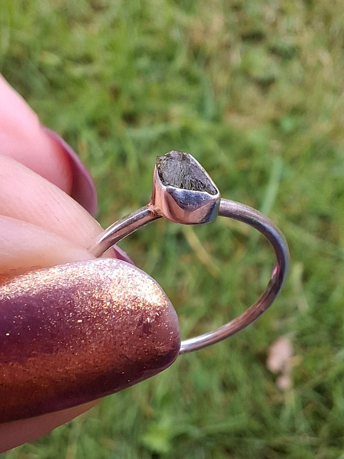 Moldavite Ring, size large M, 925 Silver, Tektite (Ref: R38)