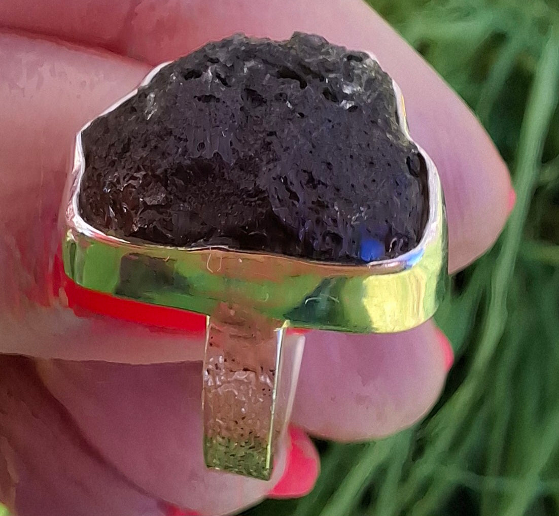 Moldavite Ring, size K, 925 Silver, Tektite (Ref: R300)