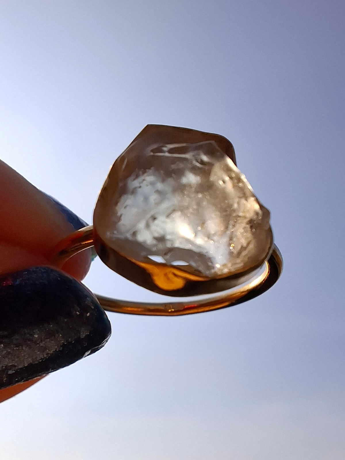 Libyan Desert Glass Ring, 14K GOLD Plated, size large N, Tektite (Ref: LR75)