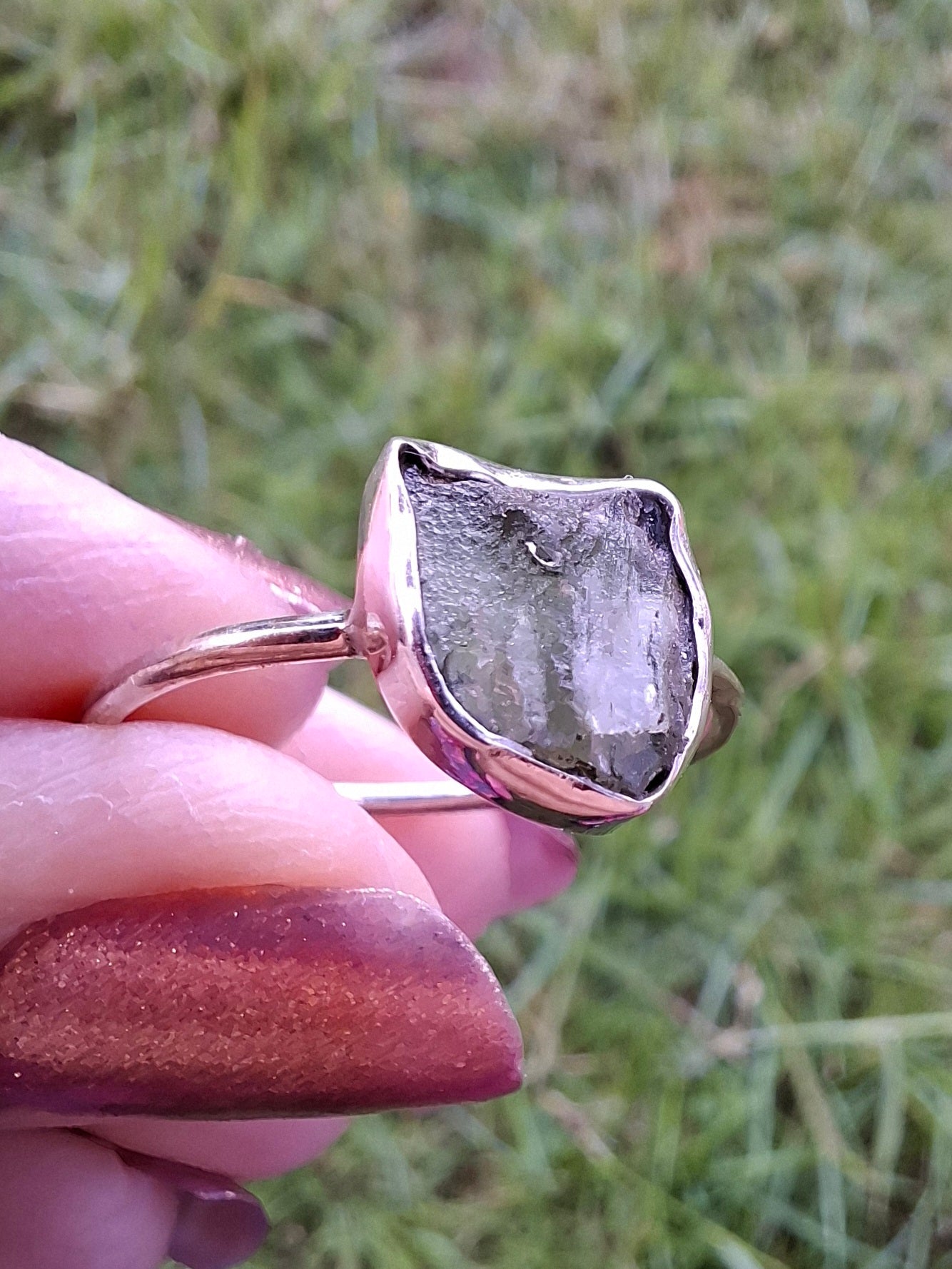 Moldavite Ring, size small U, 925 Silver, Tektite (Ref: R29)