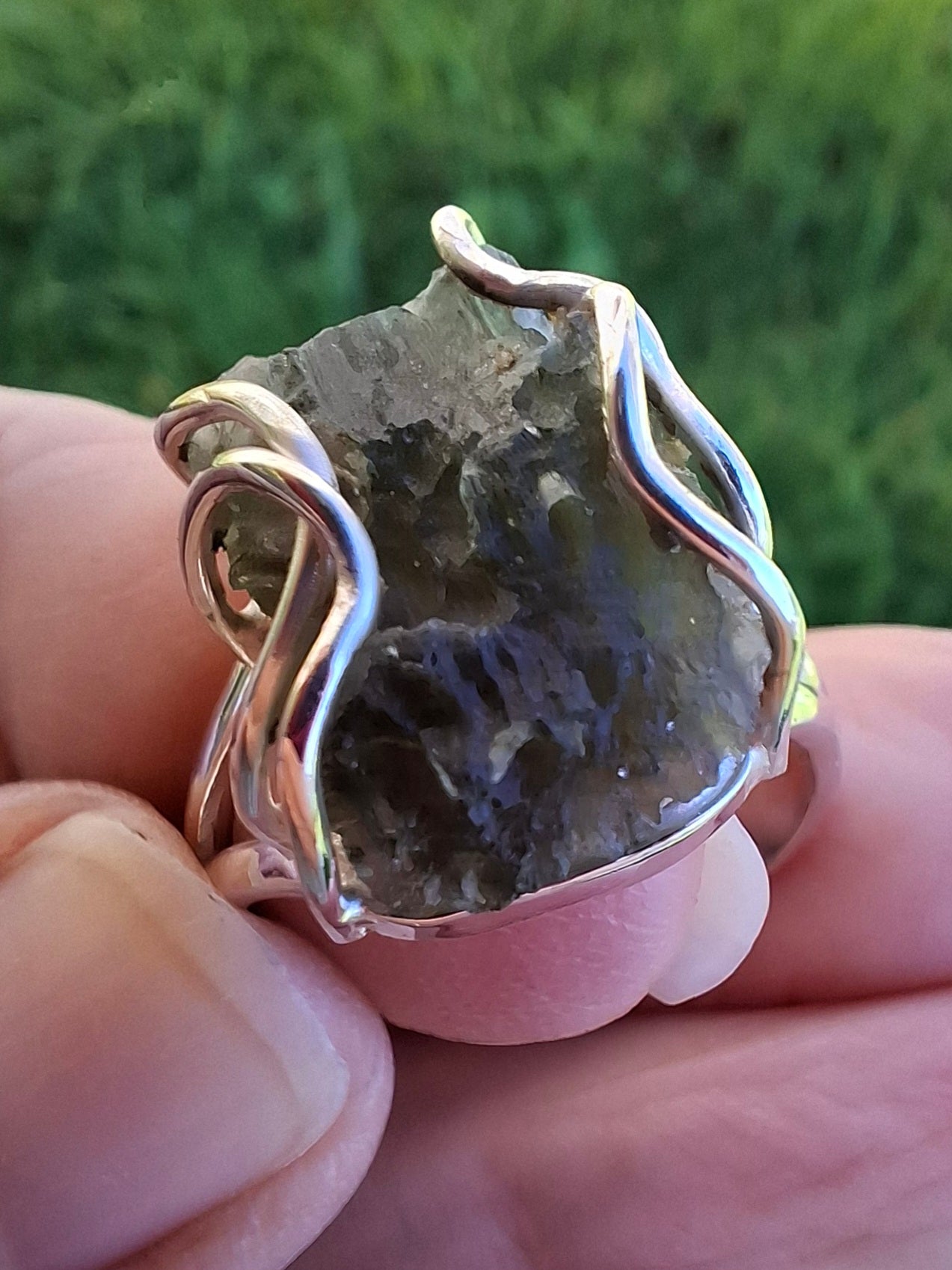Moldavite Ring, size Q, 925 Silver, Tektite (Ref: R10)