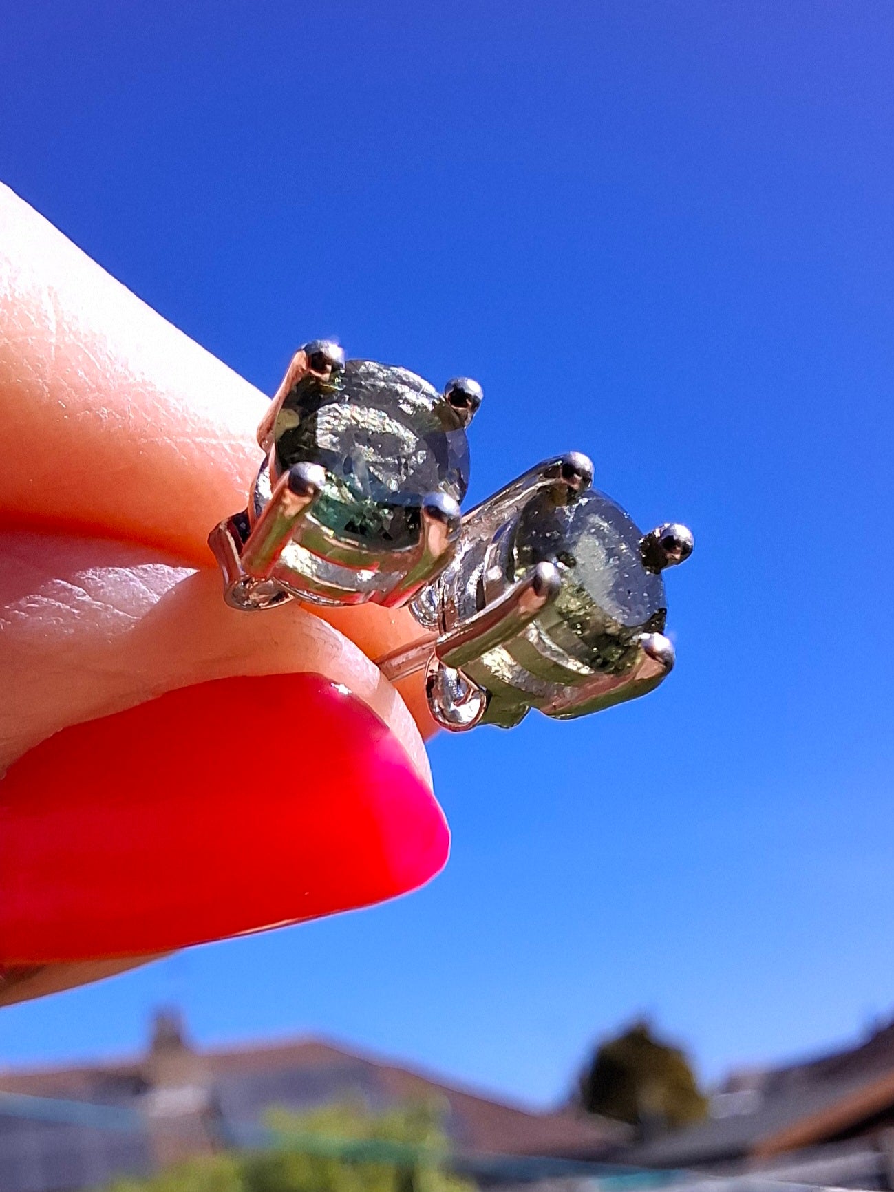 Moldavite (faceted), 5mm, STUD EARRINGS, 925 Silver, Tektite (Ref: Pair53)