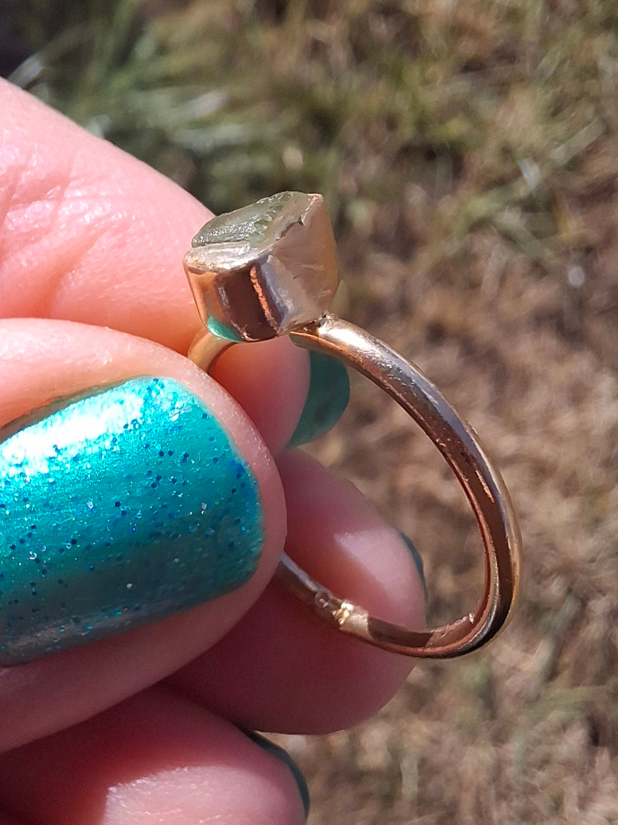 Moldavite Ring, 14K GOLD Plated, size large J, Tektite (Ref: R338)