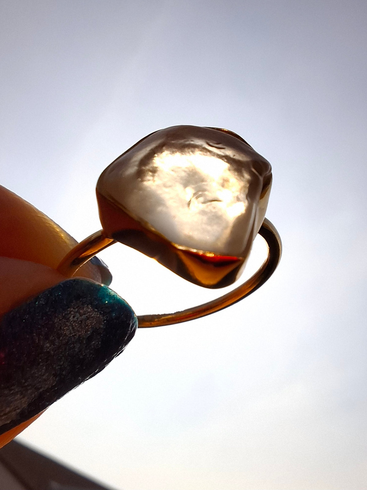 Libyan Desert Glass Ring, 14K GOLD Plated, size large P, Tektite (Ref: LR67)