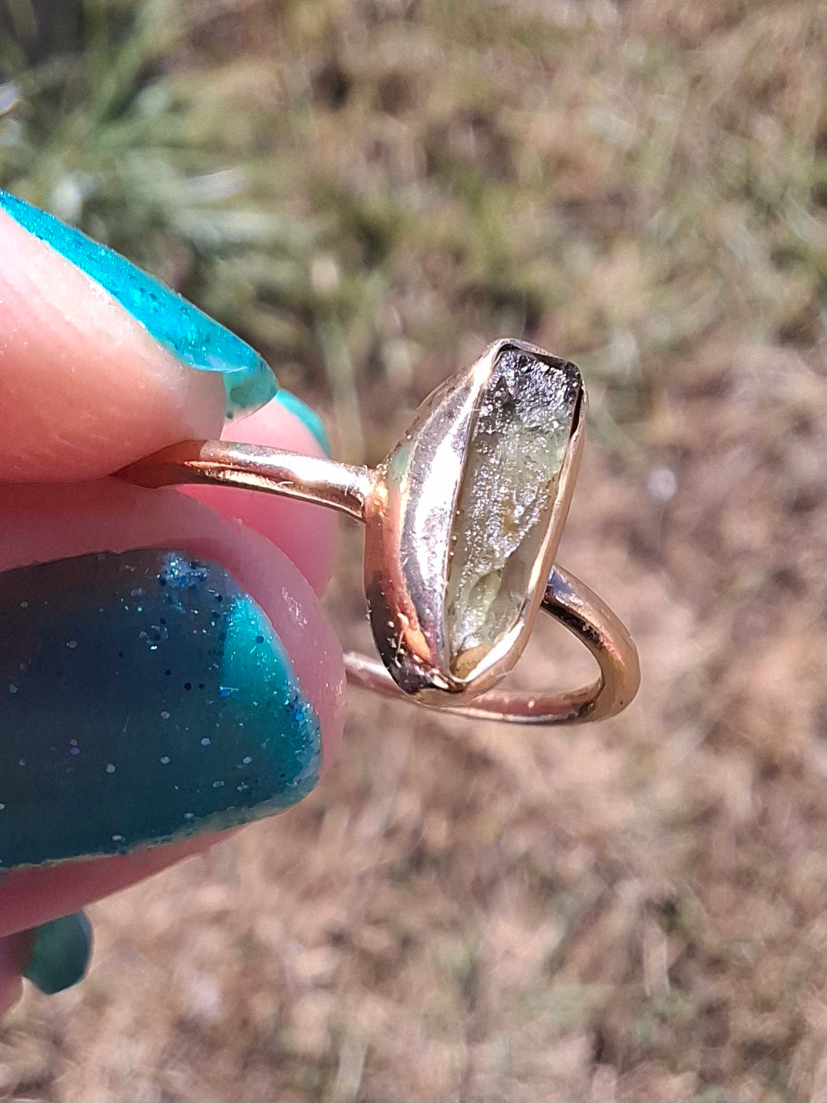 Moldavite Ring, 14K GOLD Plated, size large K / small L, Tektite (Ref: R335)