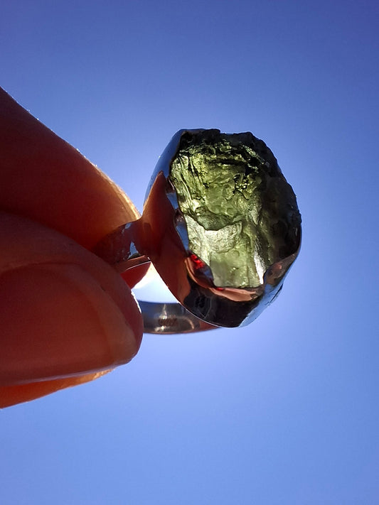 Moldavite Ring, size H, 925 Silver, Tektite (Ref: R294)
