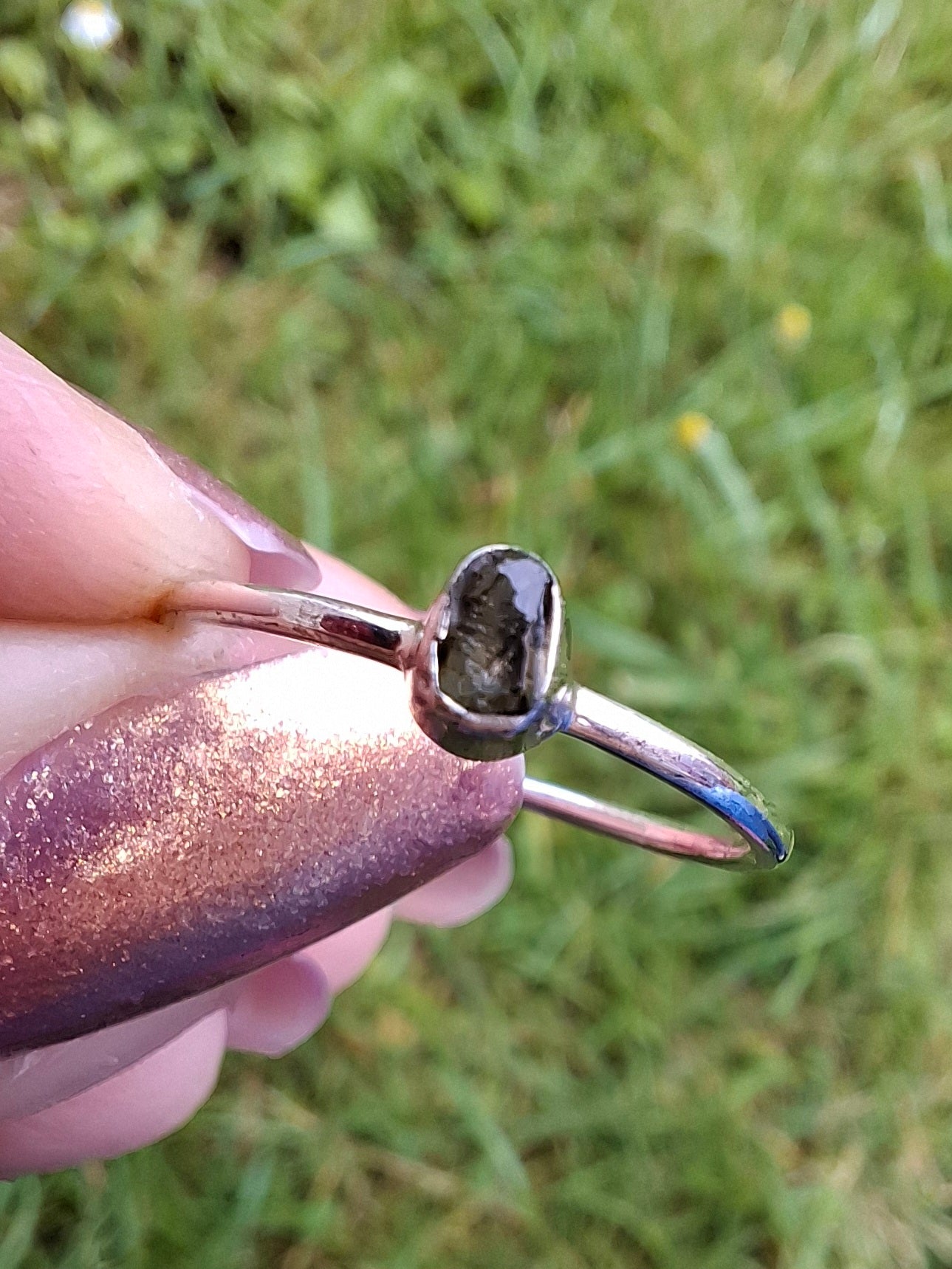 Moldavite Ring, size small P, 925 Silver, Tektite (Ref: R42)
