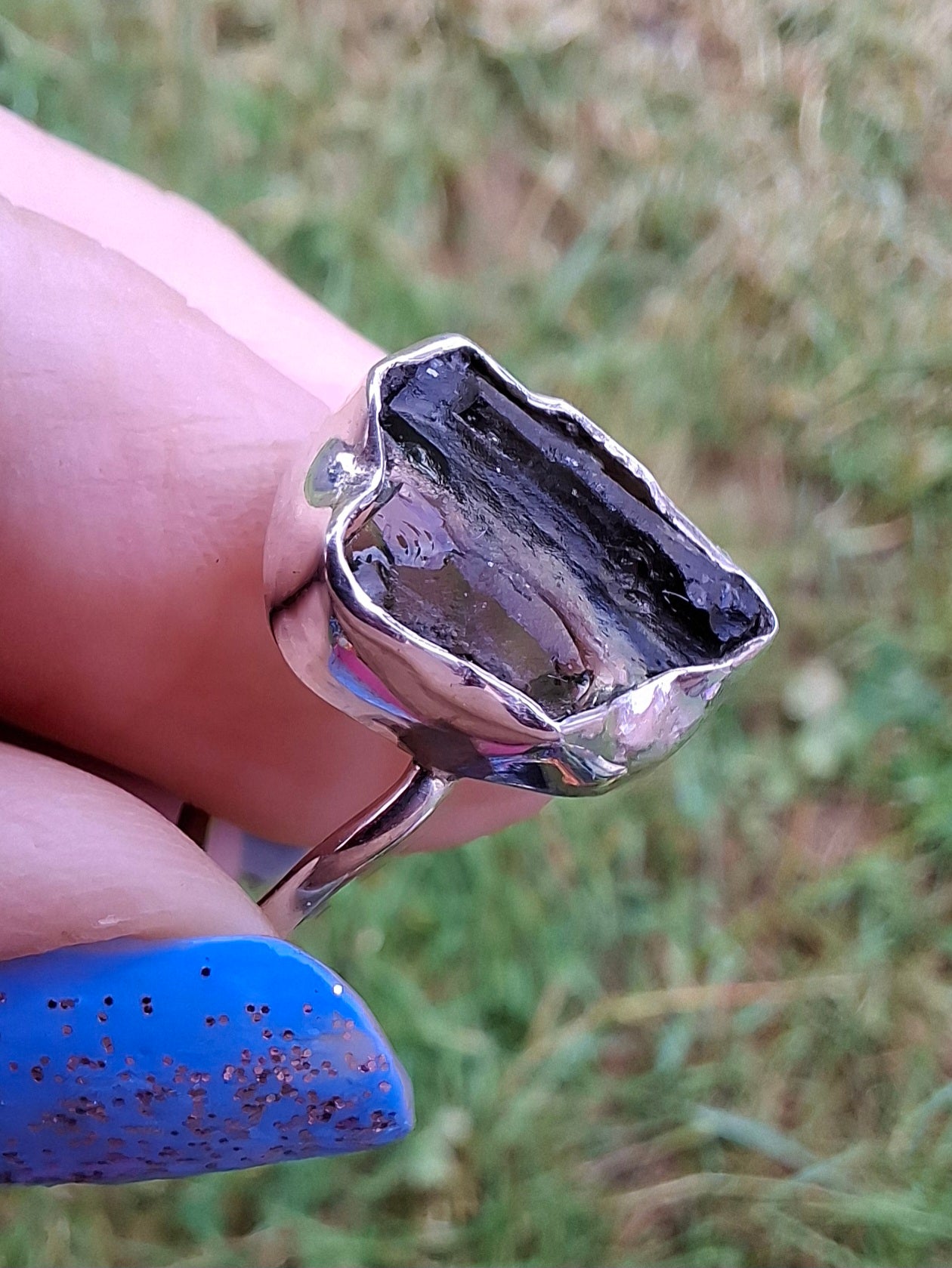 Moldavite Ring, size large N, 925 Silver, Tektite (Ref: R25)